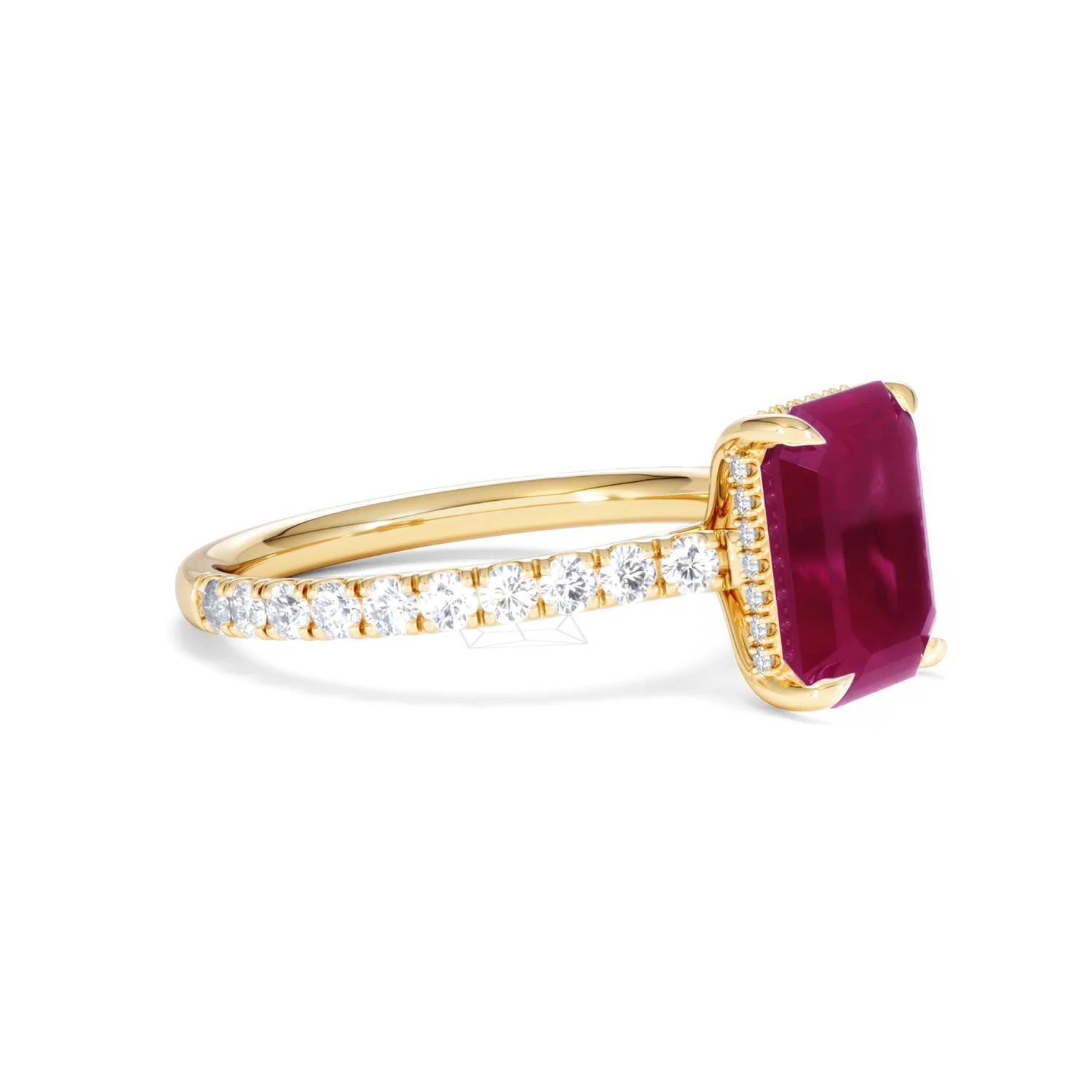 Amora 2.50ct Emerald Cut Lab Ruby Hidden Halo Engagement Ring with Side Stones in 18K Yellow Gold - Image 21