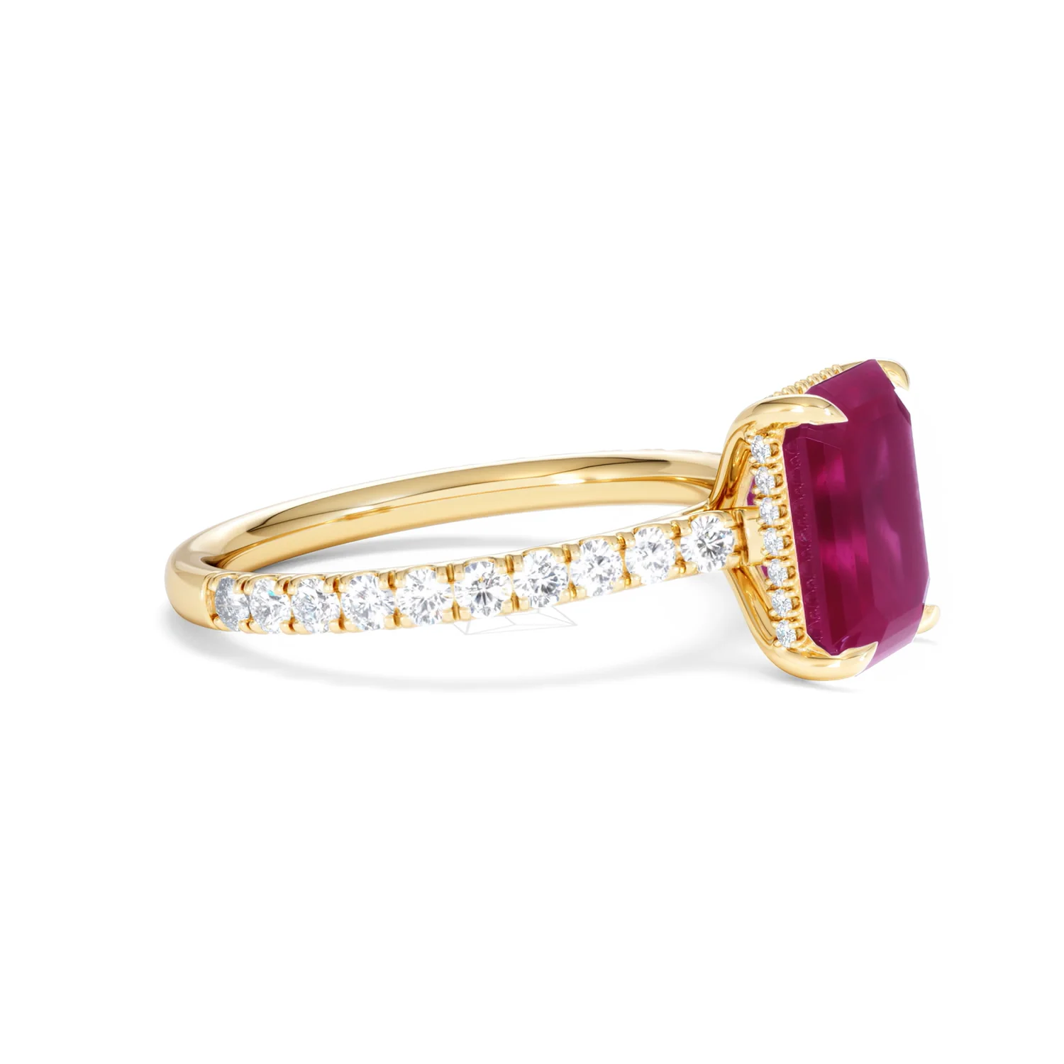 Amora 2.50ct Emerald Cut Lab Ruby Hidden Halo Engagement Ring with Side Stones in 18K Yellow Gold - Image 23