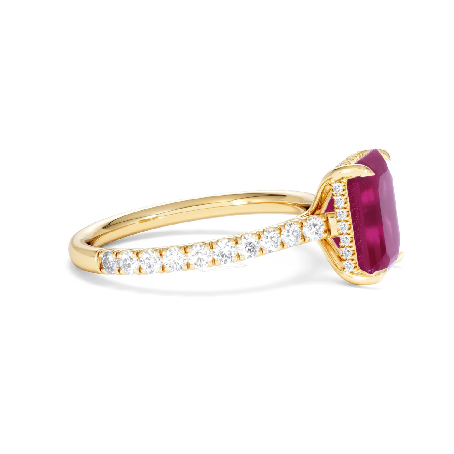 Amora 2.50ct Emerald Cut Lab Ruby Hidden Halo Engagement Ring with Side Stones in 18K Yellow Gold - Image 25