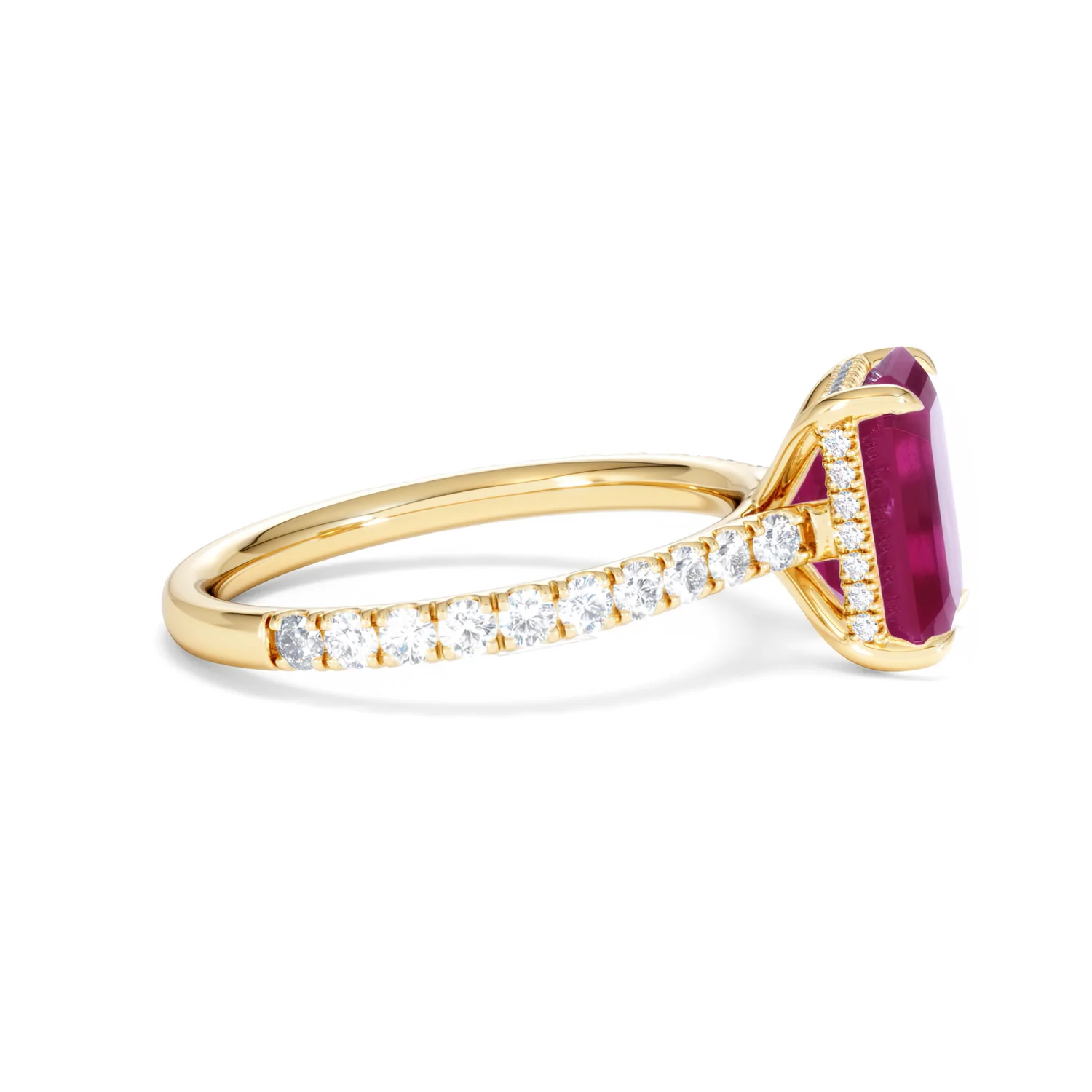 Amora 2.50ct Emerald Cut Lab Ruby Hidden Halo Engagement Ring with Side Stones in 18K Yellow Gold - Image 27