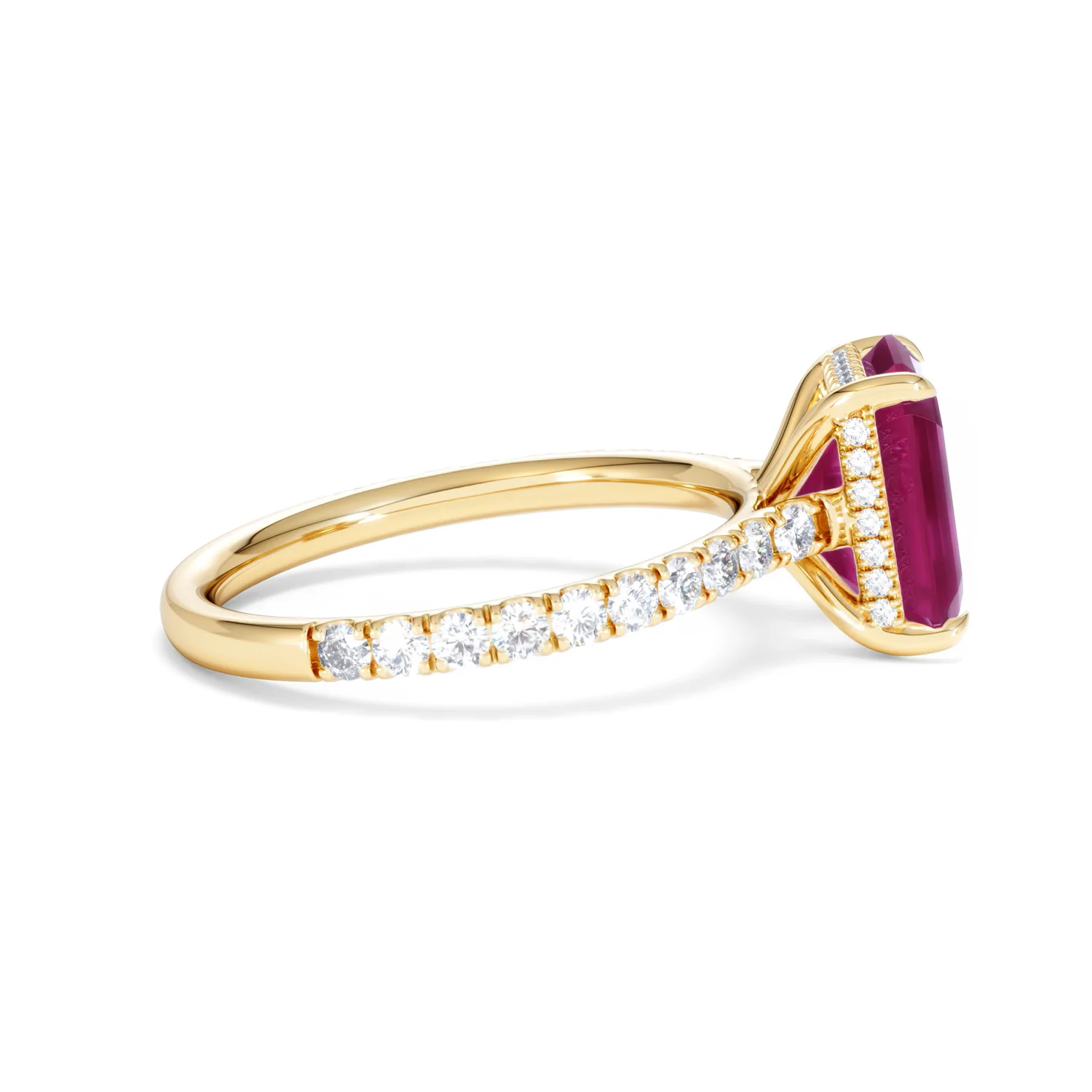 Amora 2.50ct Emerald Cut Lab Ruby Hidden Halo Engagement Ring with Side Stones in 18K Yellow Gold - Image 29