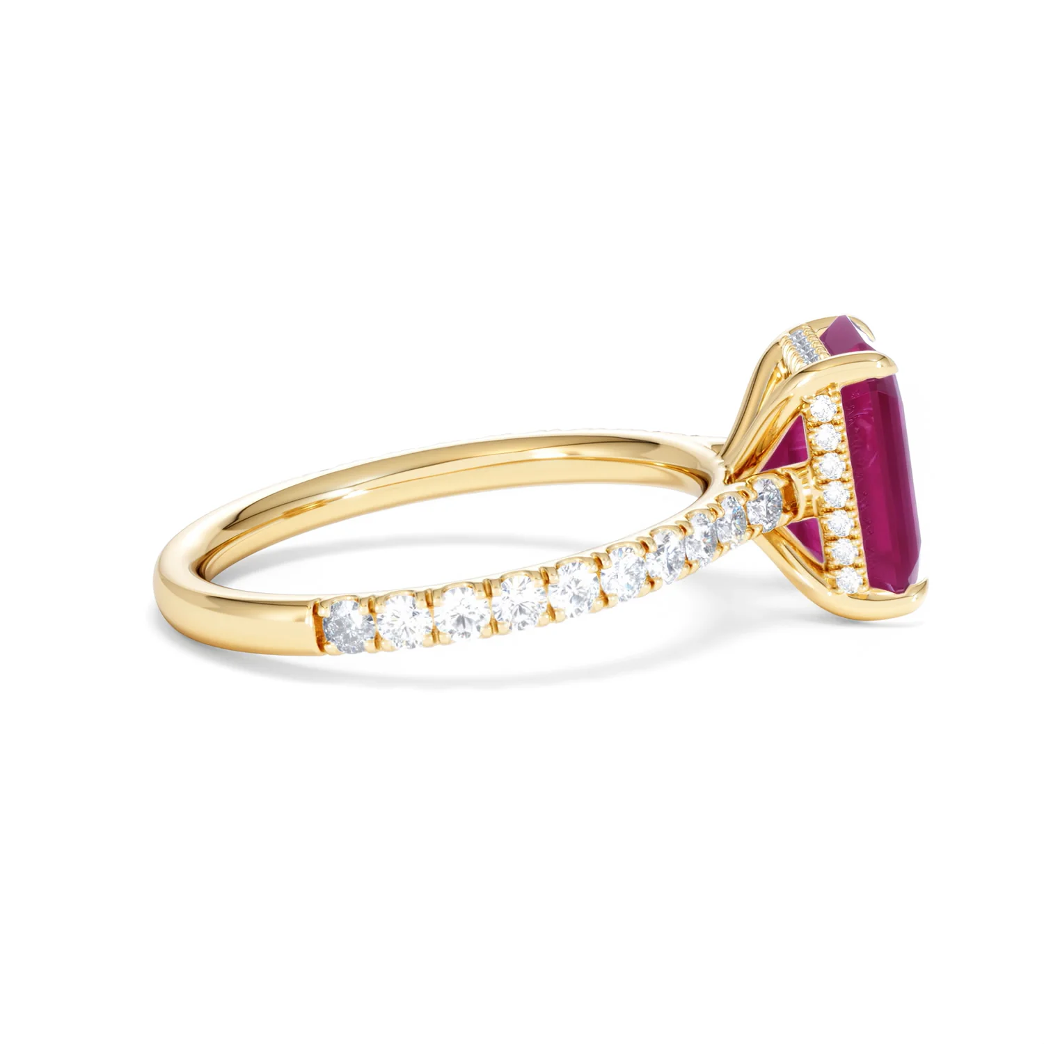 Amora 2.50ct Emerald Cut Lab Ruby Hidden Halo Engagement Ring with Side Stones in 18K Yellow Gold - Image 30