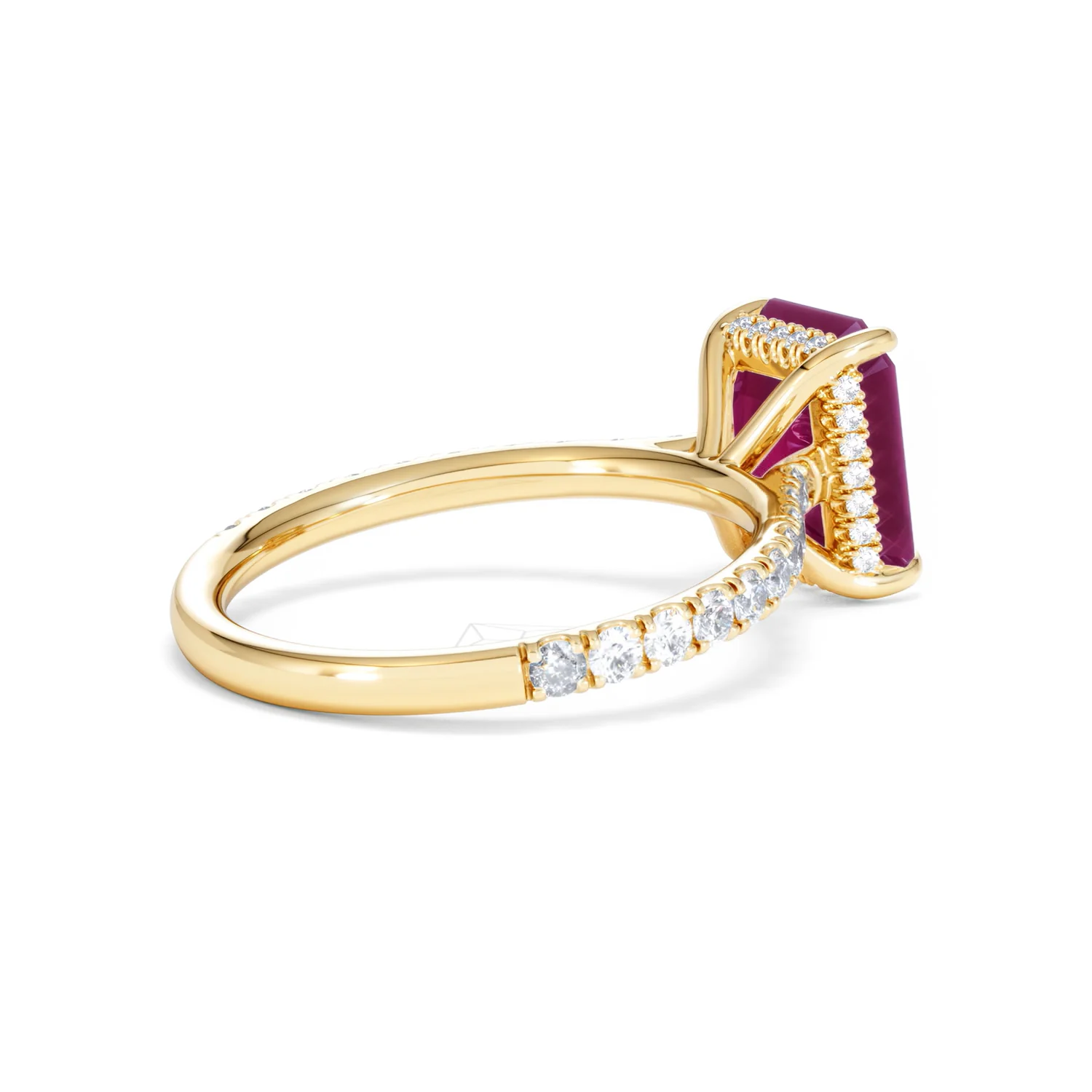 Amora 2.50ct Emerald Cut Lab Ruby Hidden Halo Engagement Ring with Side Stones in 18K Yellow Gold - Image 37