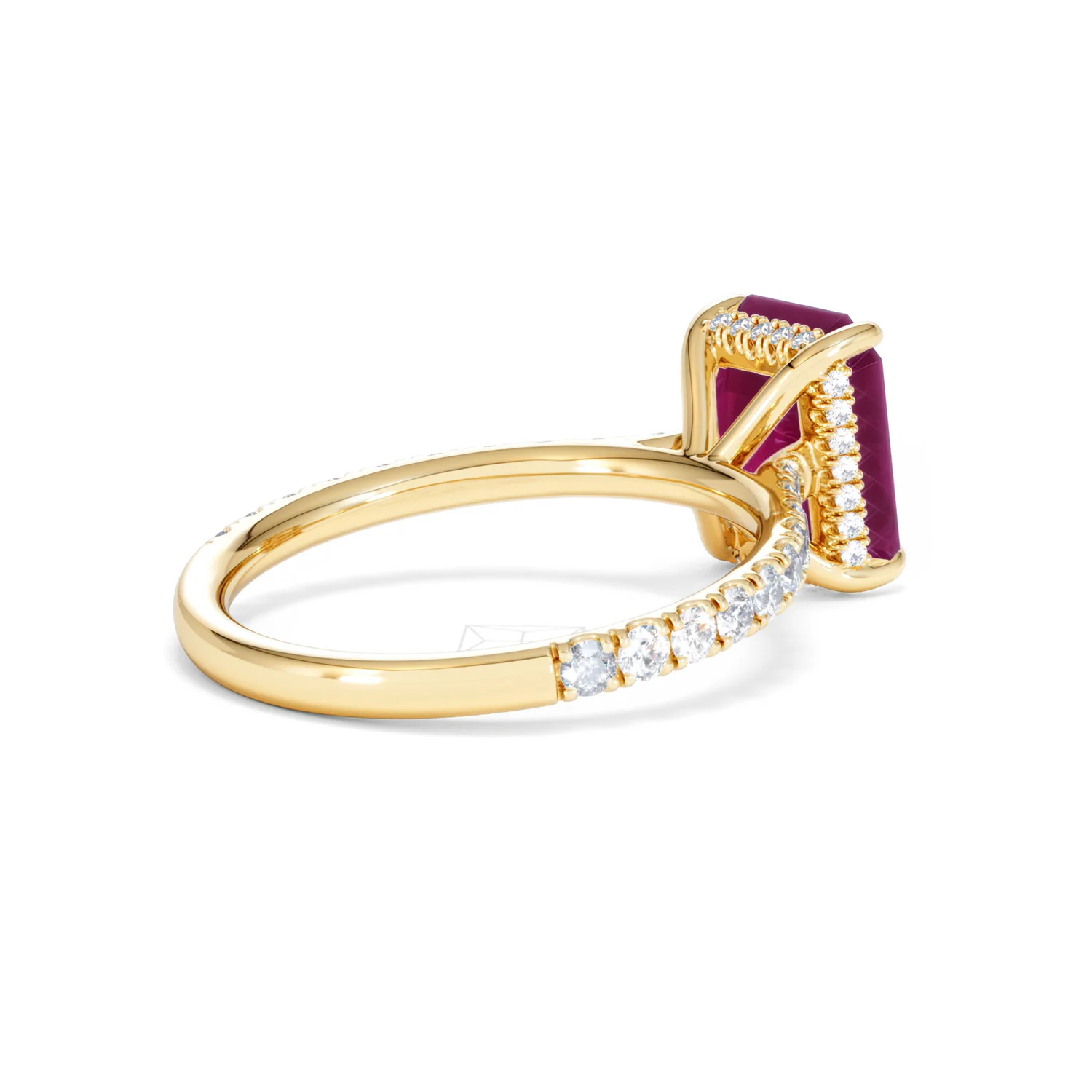 Amora 2.50ct Emerald Cut Lab Ruby Hidden Halo Engagement Ring with Side Stones in 18K Yellow Gold - Image 38