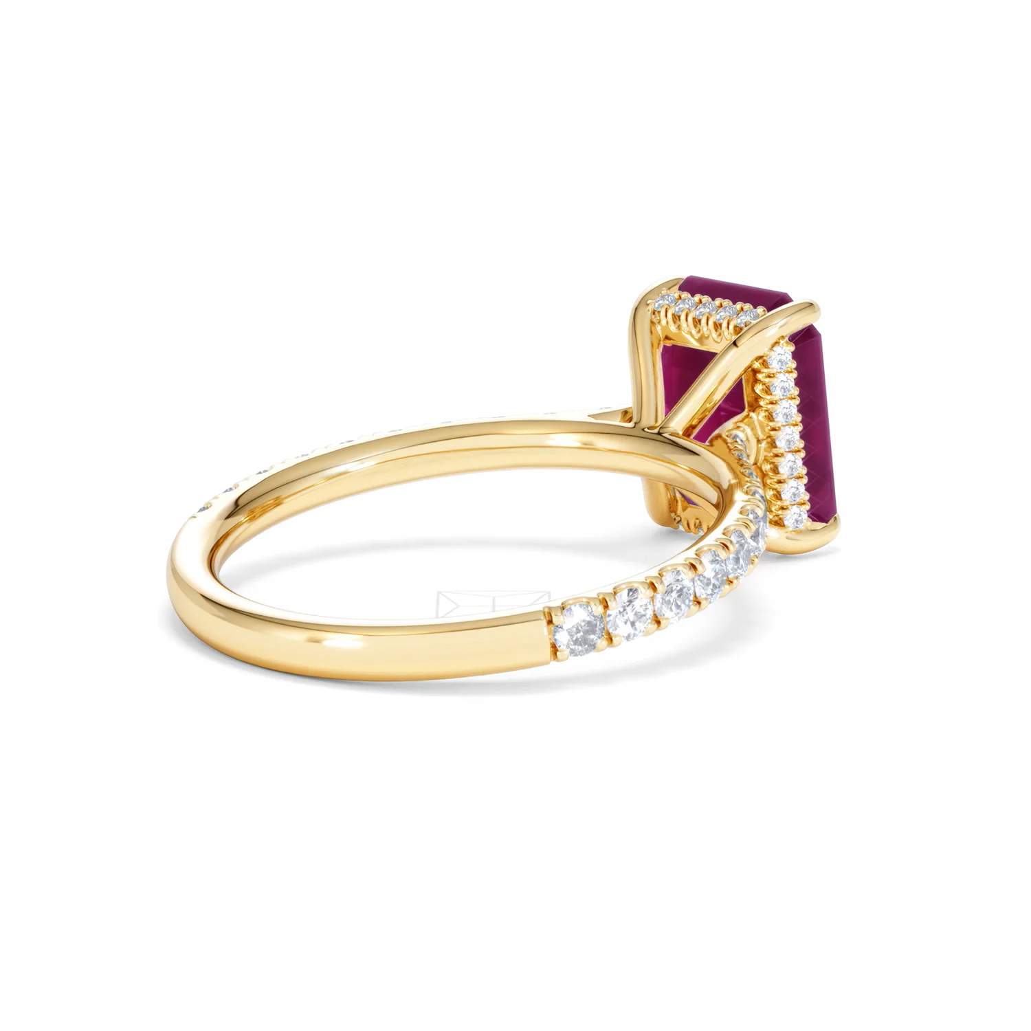Amora 2.50ct Emerald Cut Lab Ruby Hidden Halo Engagement Ring with Side Stones in 18K Yellow Gold - Image 39