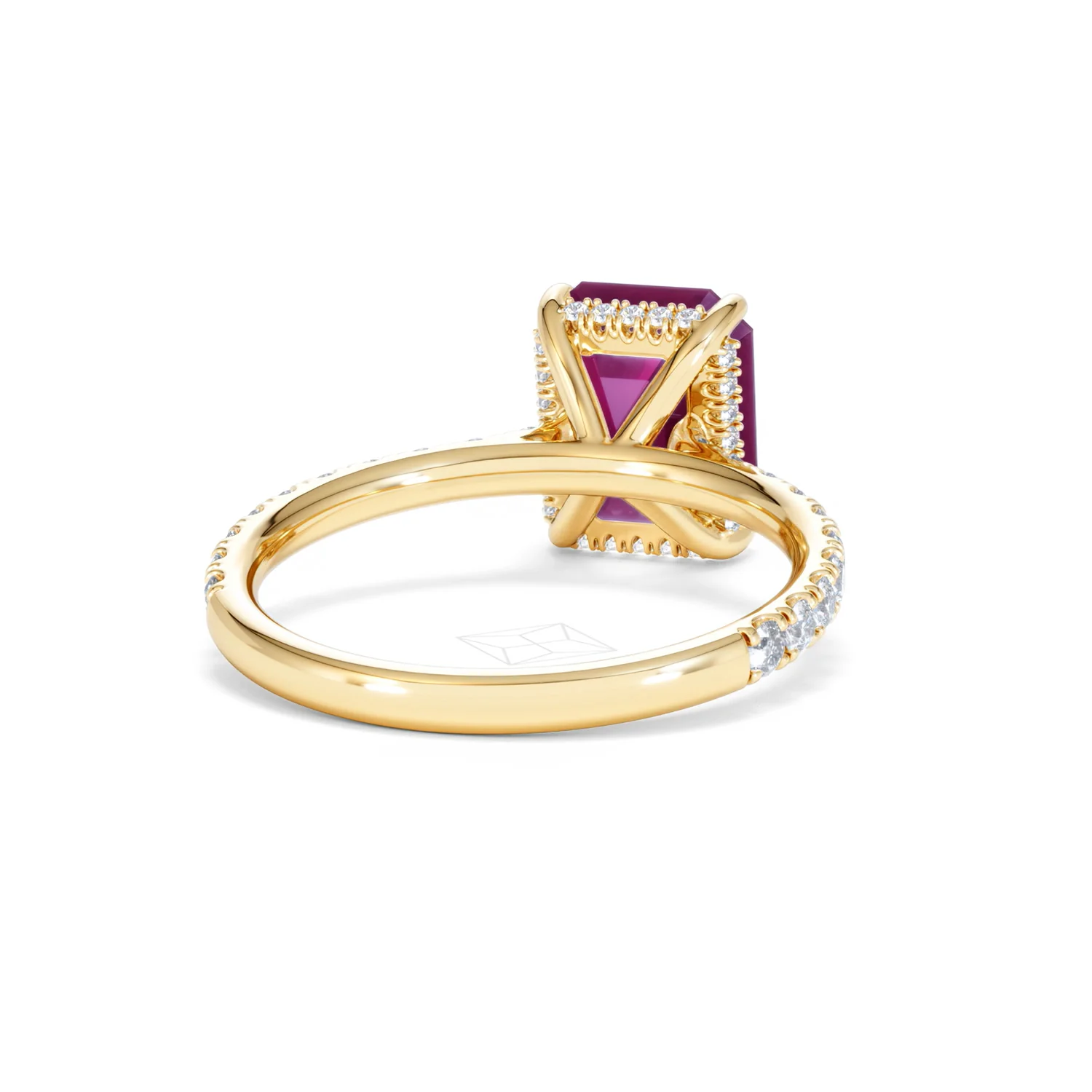 Amora 2.50ct Emerald Cut Lab Ruby Hidden Halo Engagement Ring with Side Stones in 18K Yellow Gold - Image 45