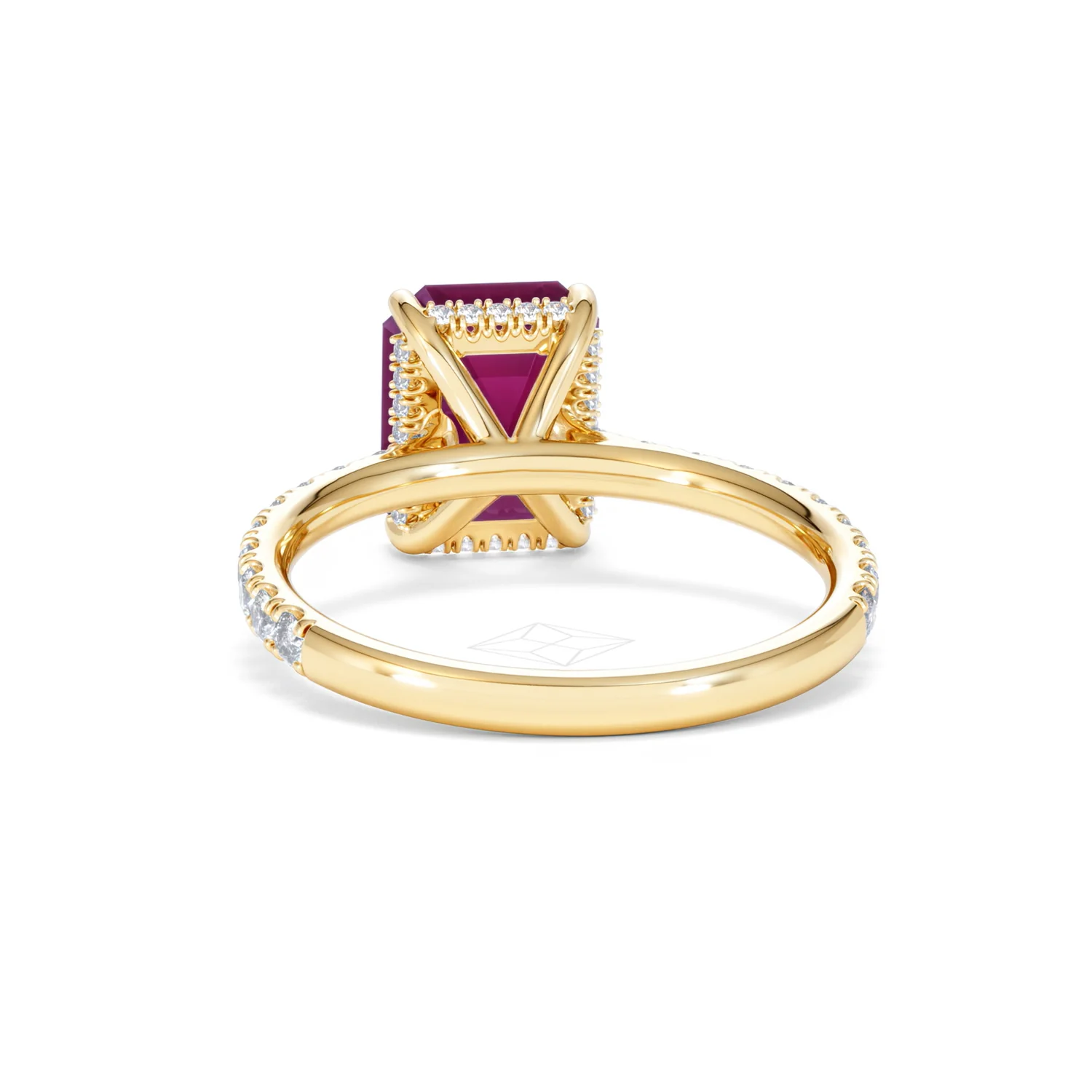 Amora 2.50ct Emerald Cut Lab Ruby Hidden Halo Engagement Ring with Side Stones in 18K Yellow Gold - Image 51