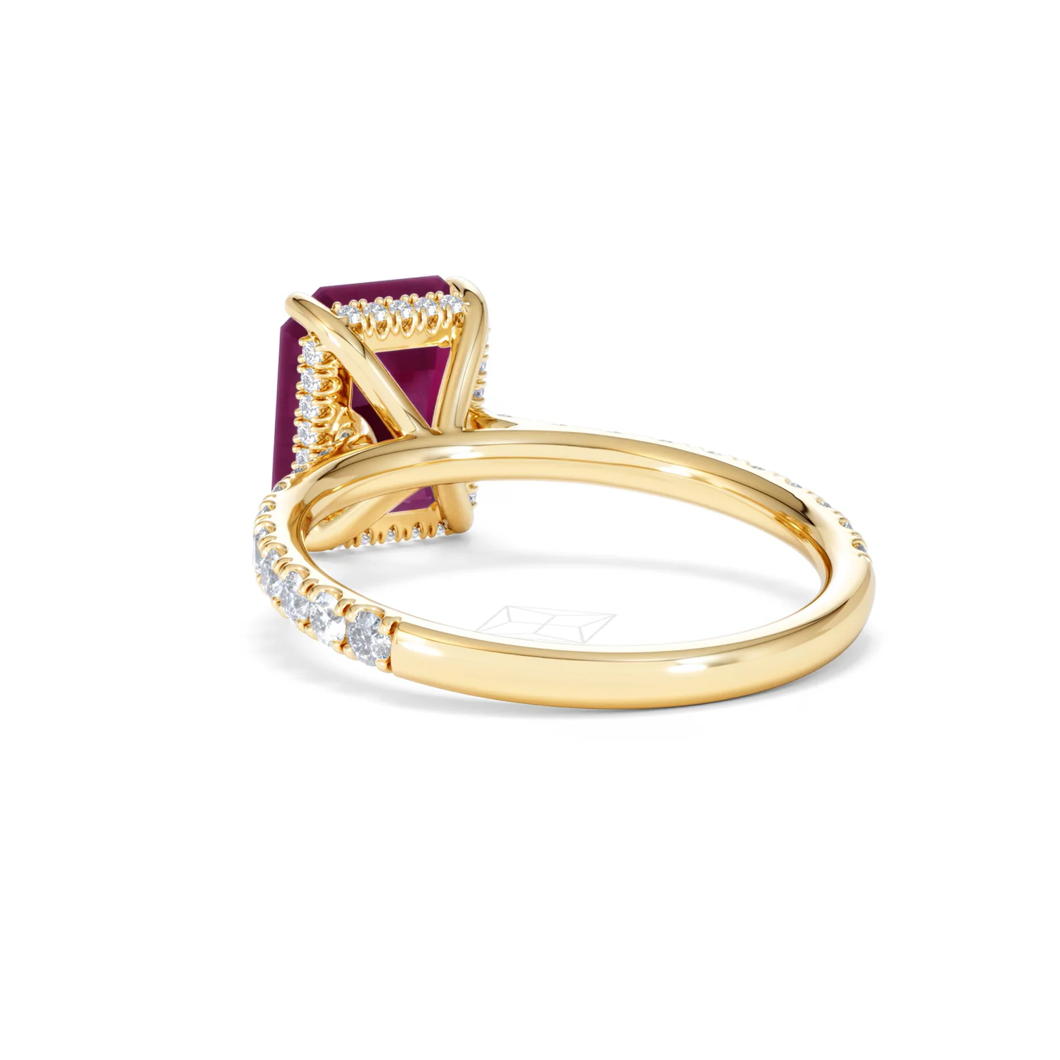 Amora 2.50ct Emerald Cut Lab Ruby Hidden Halo Engagement Ring with Side Stones in 18K Yellow Gold - Image 55