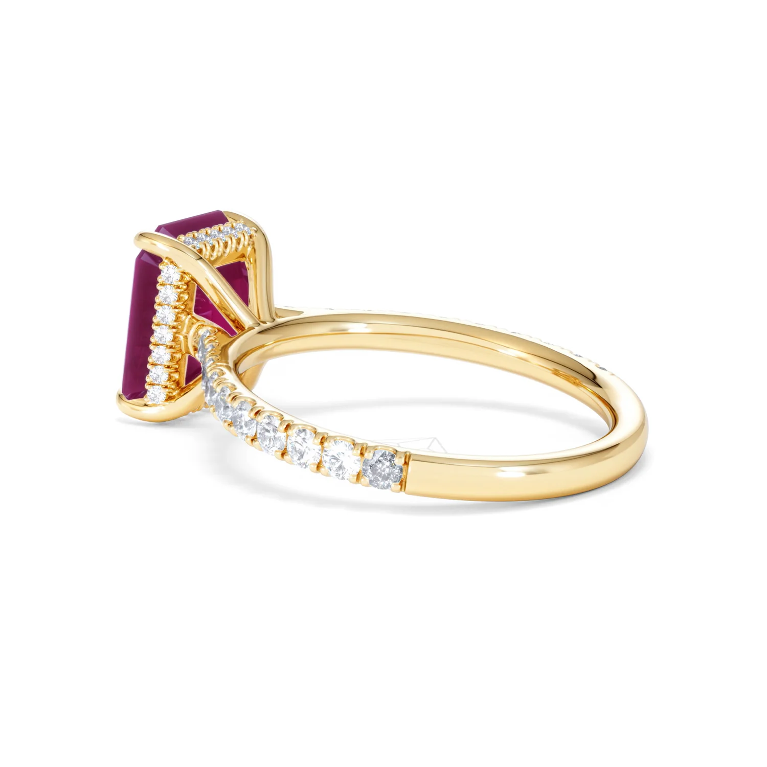 Amora 2.50ct Emerald Cut Lab Ruby Hidden Halo Engagement Ring with Side Stones in 18K Yellow Gold - Image 61