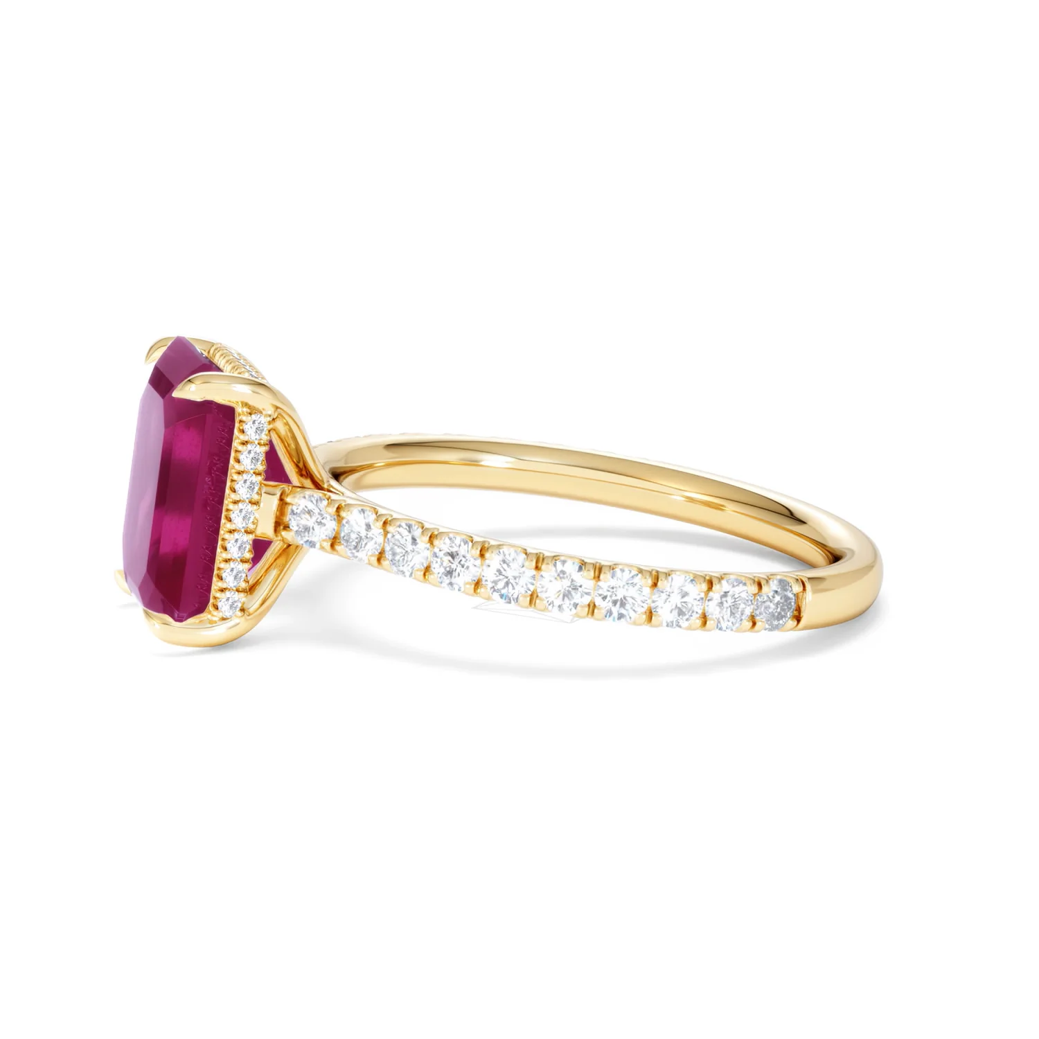 Amora 2.50ct Emerald Cut Lab Ruby Hidden Halo Engagement Ring with Side Stones in 18K Yellow Gold - Image 72