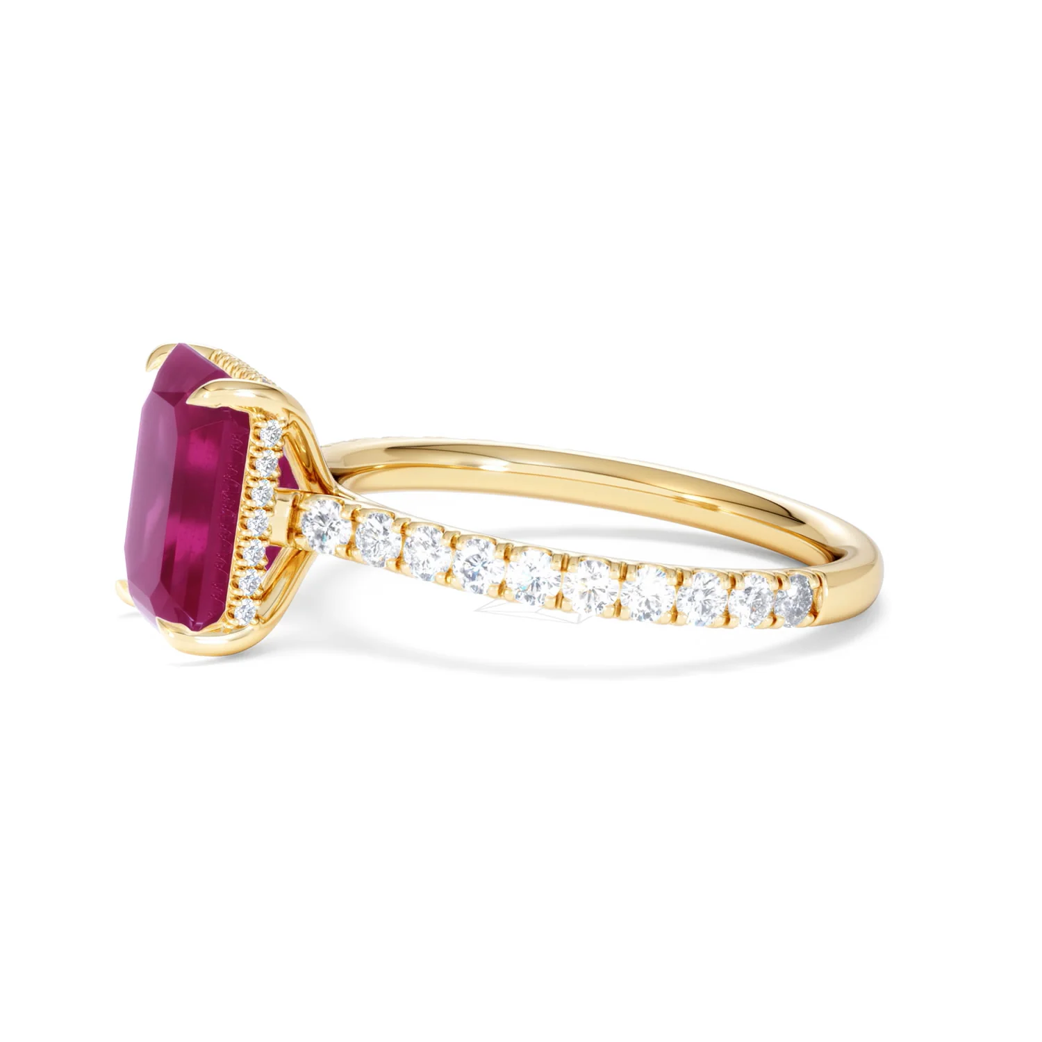 Amora 2.50ct Emerald Cut Lab Ruby Hidden Halo Engagement Ring with Side Stones in 18K Yellow Gold - Image 73