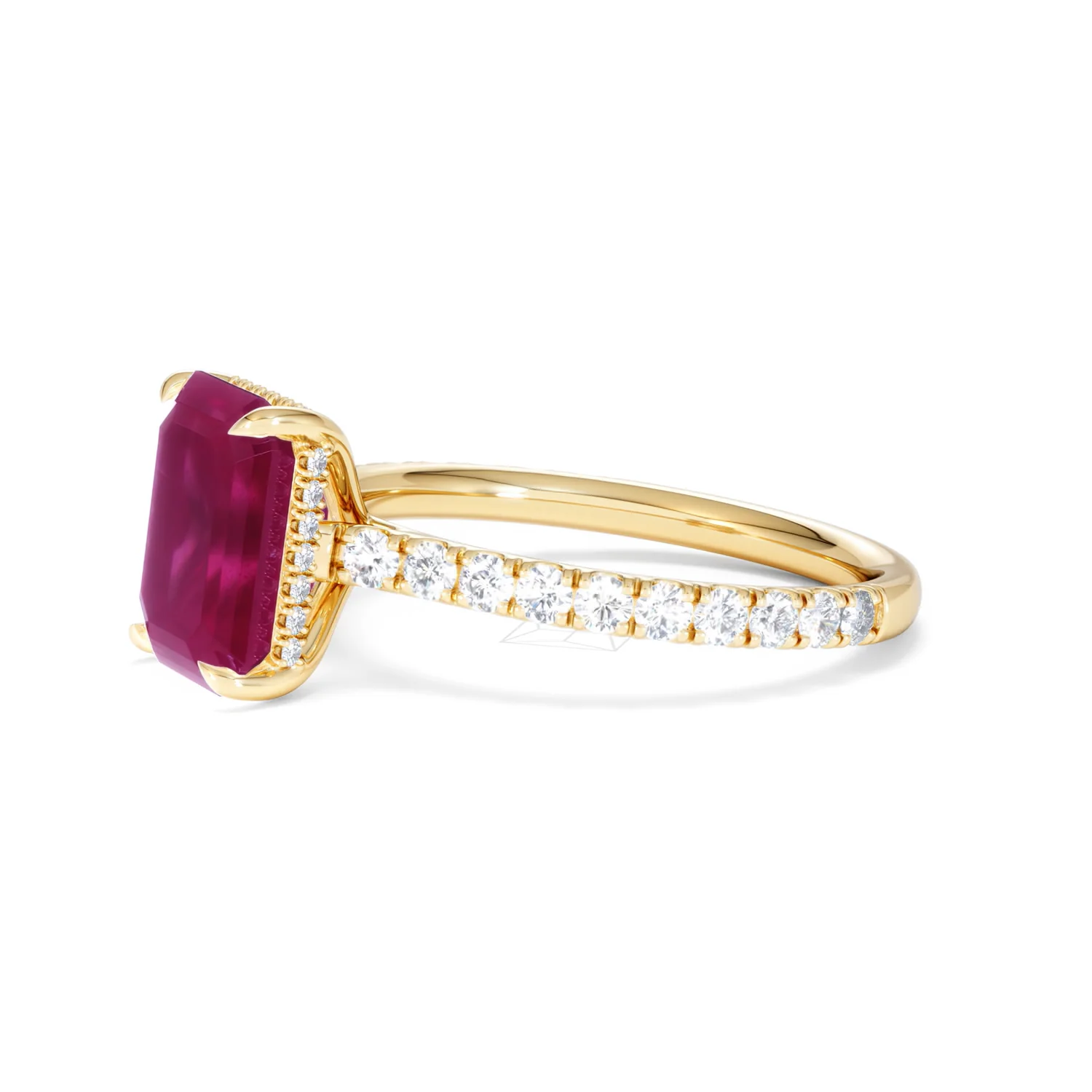 Amora 2.50ct Emerald Cut Lab Ruby Hidden Halo Engagement Ring with Side Stones in 18K Yellow Gold - Image 75