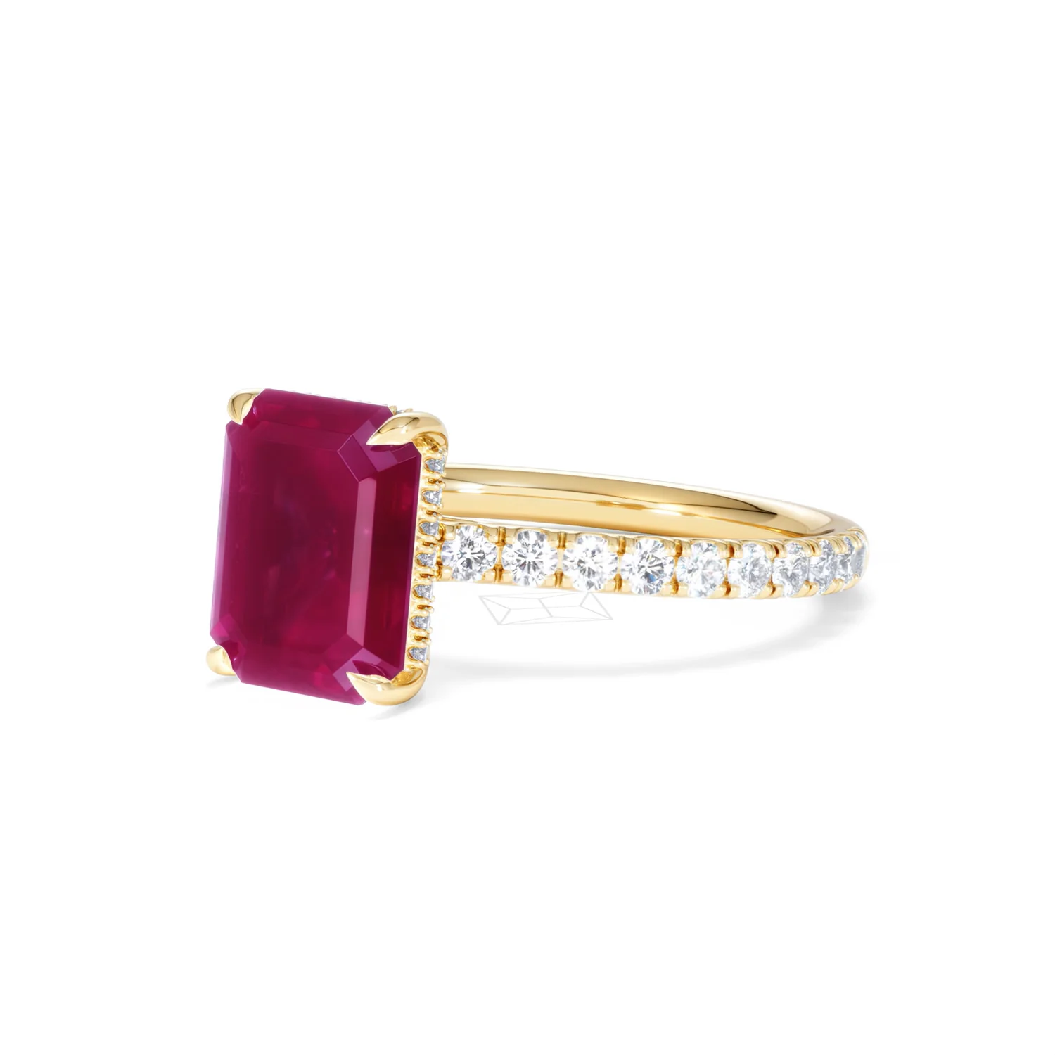 Amora 2.50ct Emerald Cut Lab Ruby Hidden Halo Engagement Ring with Side Stones in 18K Yellow Gold - Image 81