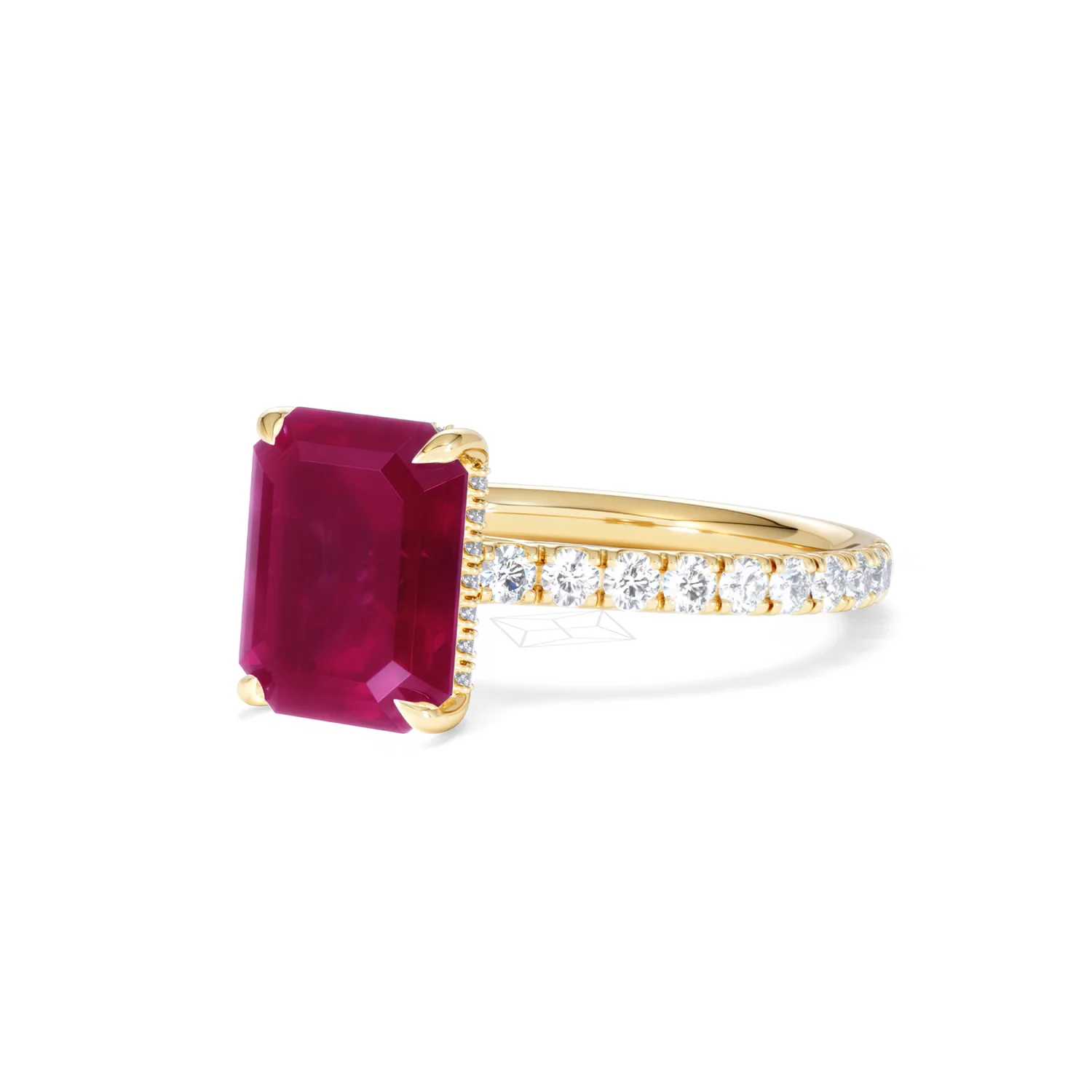 Amora 2.50ct Emerald Cut Lab Ruby Hidden Halo Engagement Ring with Side Stones in 18K Yellow Gold - Image 82