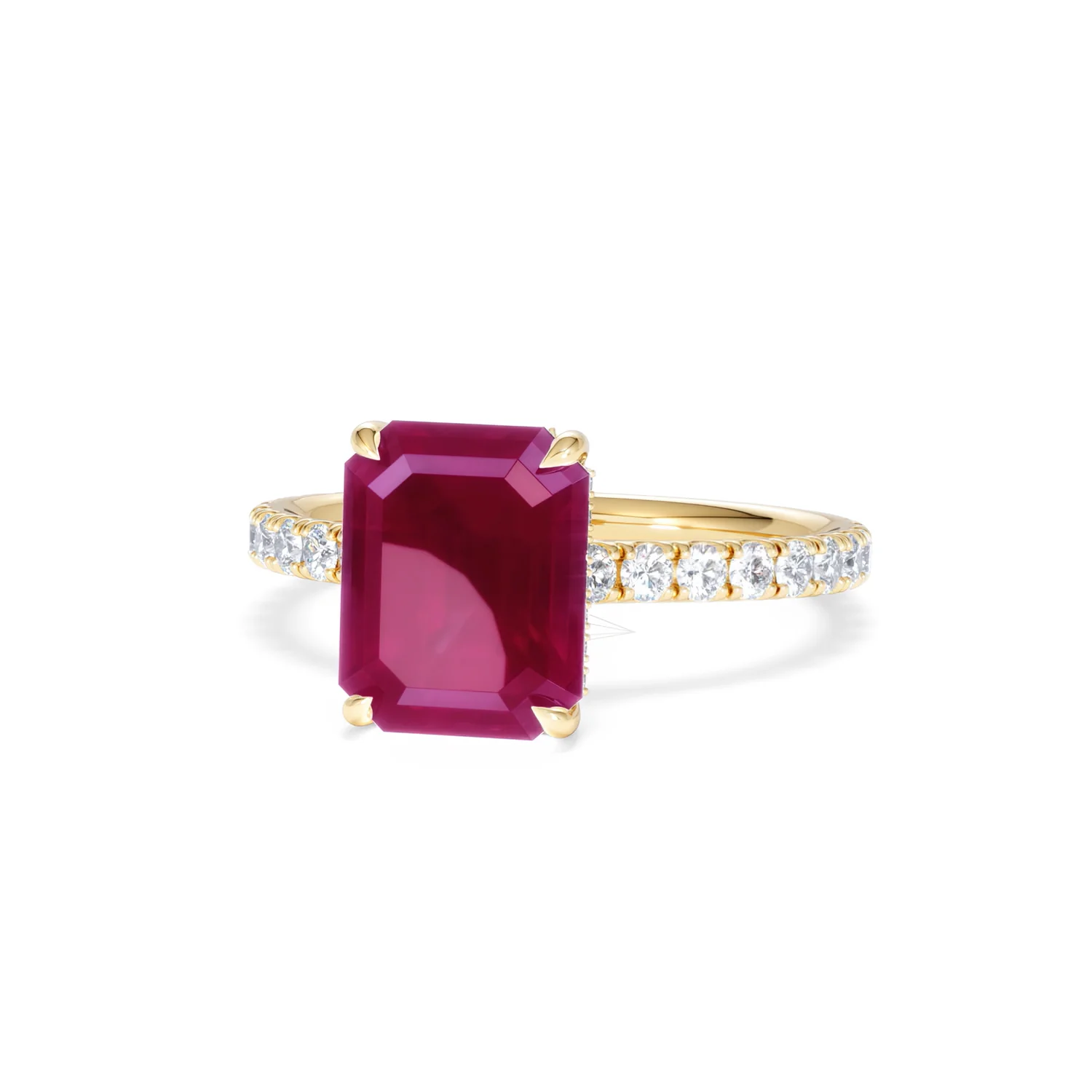 Amora 2.50ct Emerald Cut Lab Ruby Hidden Halo Engagement Ring with Side Stones in 18K Yellow Gold - Image 86