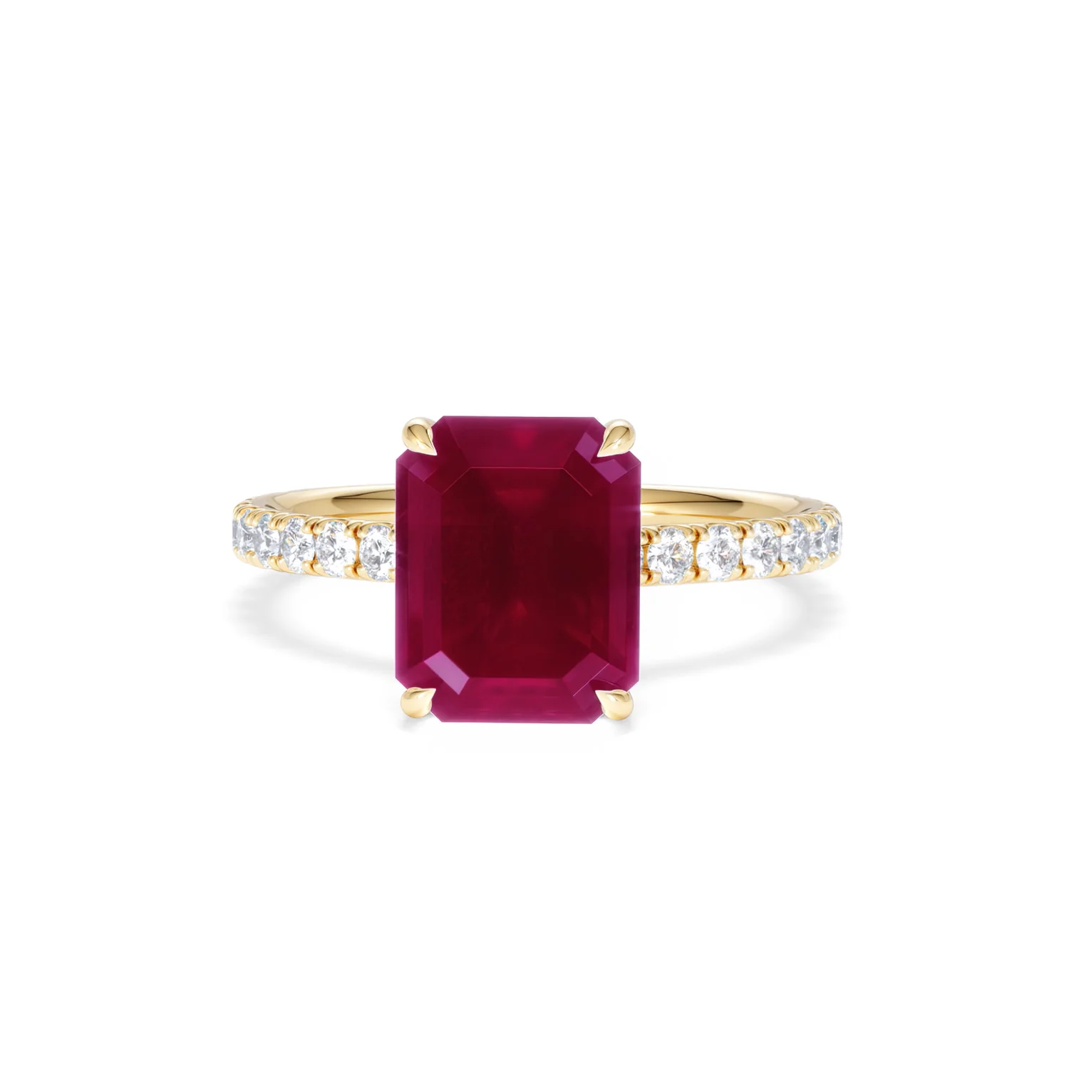 Amora 2.50ct Emerald Cut Lab Ruby Hidden Halo Engagement Ring with Side Stones in 18K Yellow Gold - Image 88