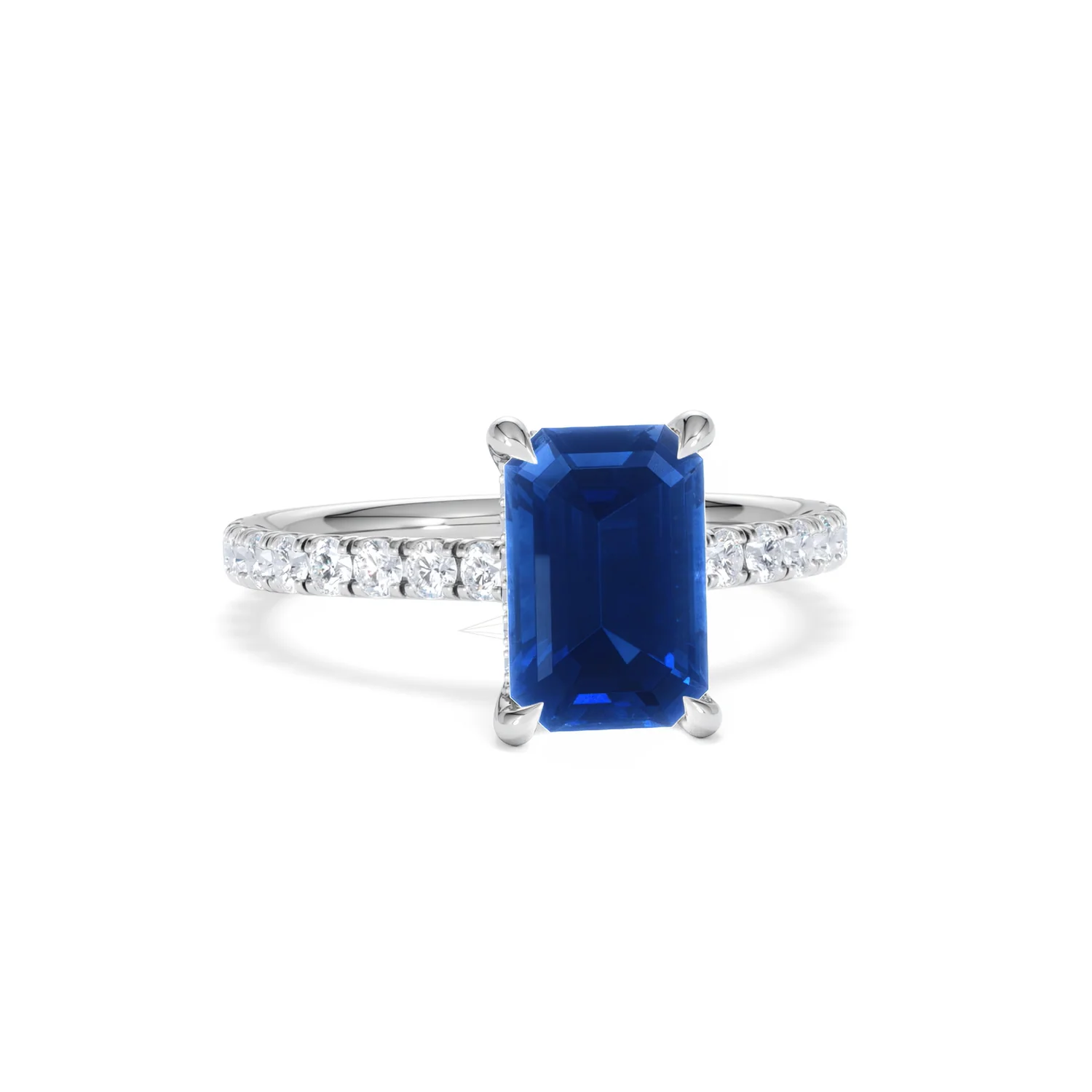Amora 2.50ct Emerald Cut Lab Sapphire Hidden Halo Engagement Ring with Side Stones in 18K White Gold - Image 11