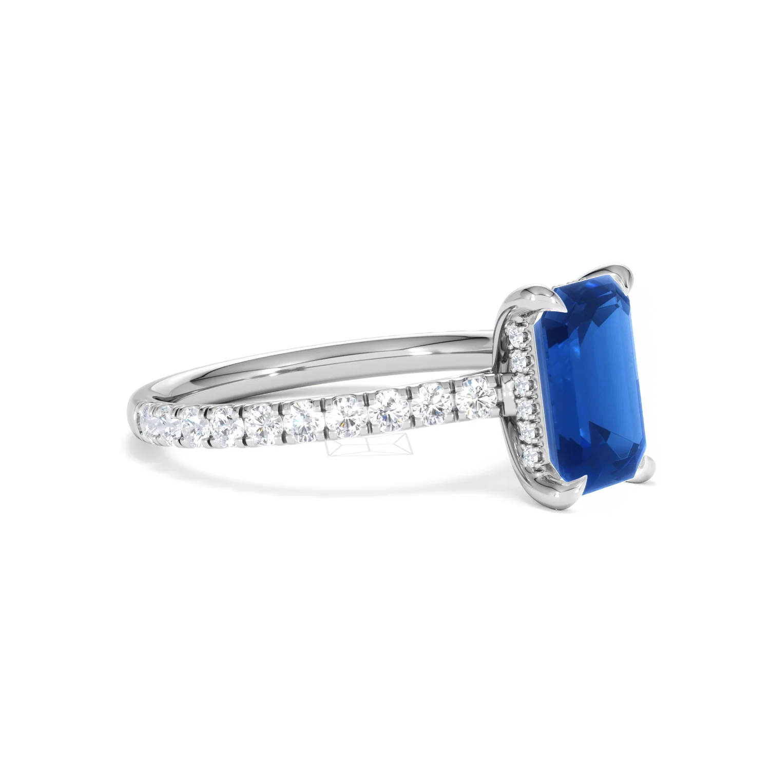 Amora 2.50ct Emerald Cut Lab Sapphire Hidden Halo Engagement Ring with Side Stones in 18K White Gold - Image 20