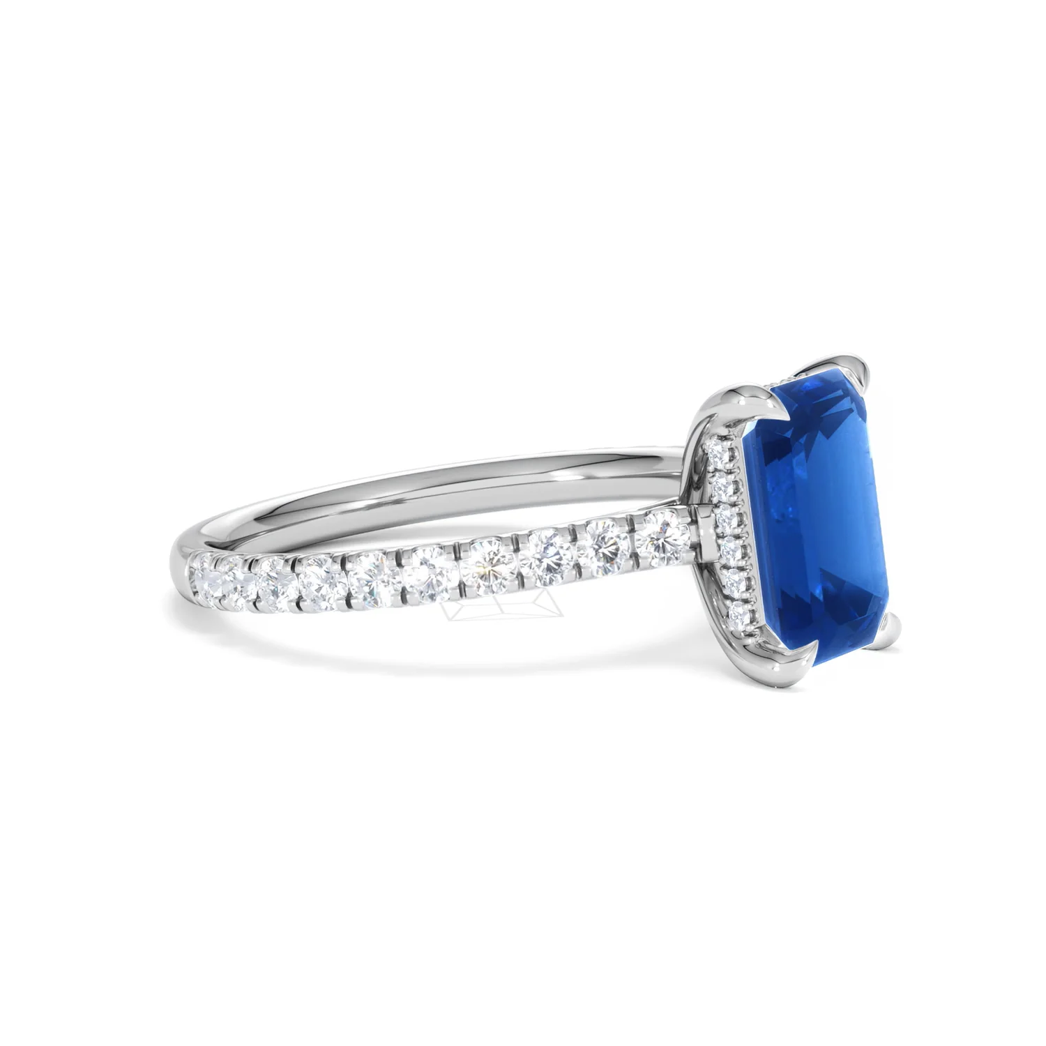 Amora 2.50ct Emerald Cut Lab Sapphire Hidden Halo Engagement Ring with Side Stones in 18K White Gold - Image 21
