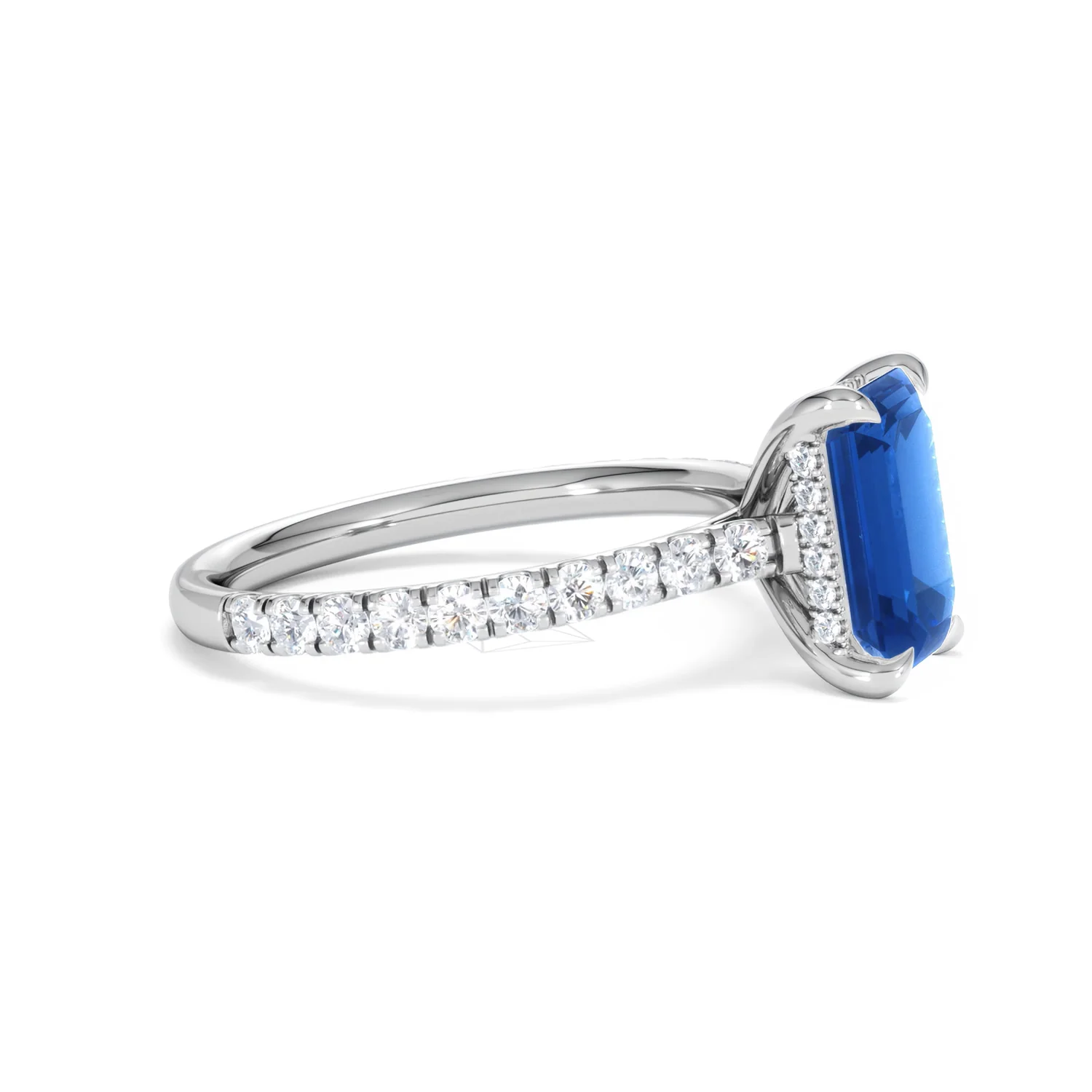 Amora 2.50ct Emerald Cut Lab Sapphire Hidden Halo Engagement Ring with Side Stones in 18K White Gold - Image 24