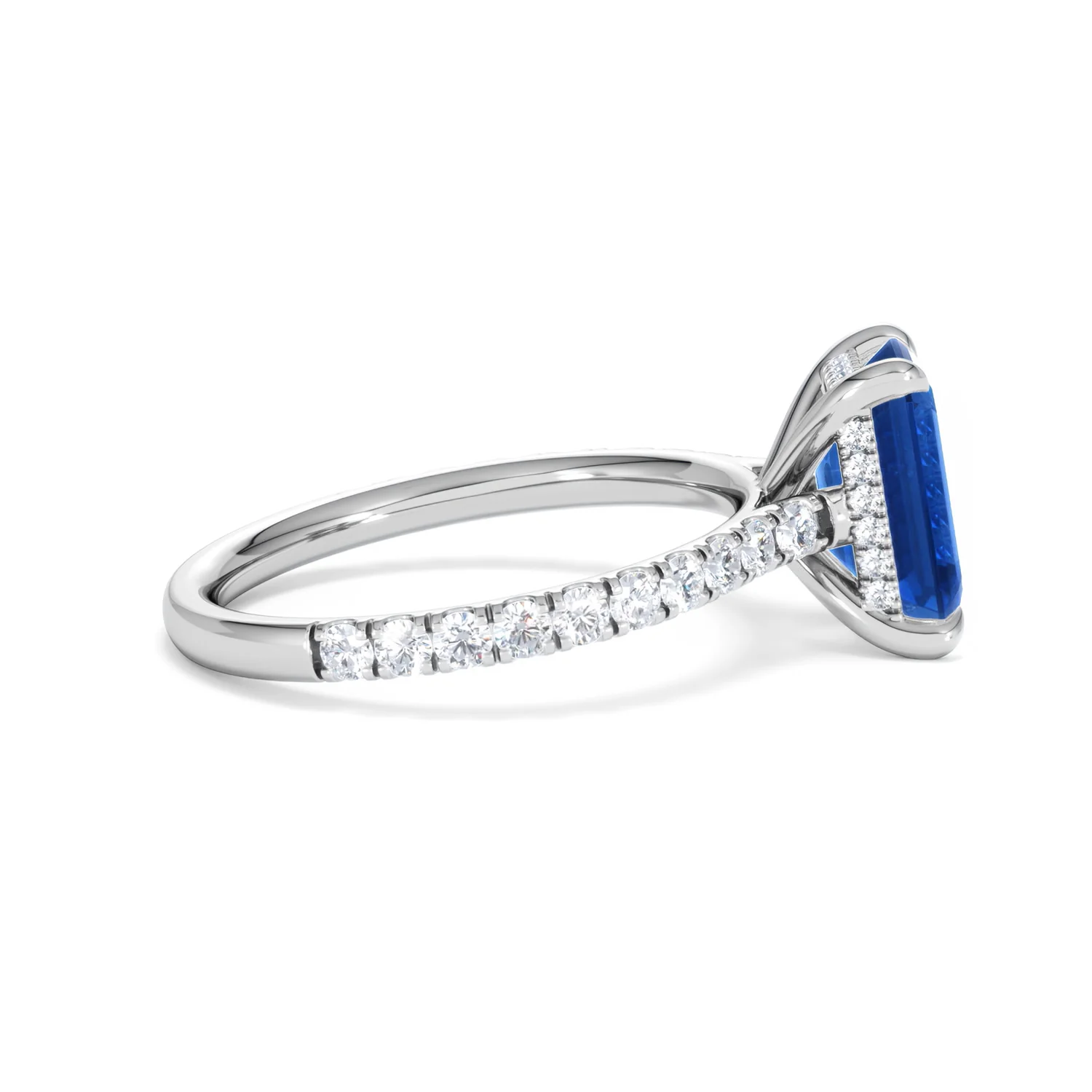 Amora 2.50ct Emerald Cut Lab Sapphire Hidden Halo Engagement Ring with Side Stones in 18K White Gold - Image 29