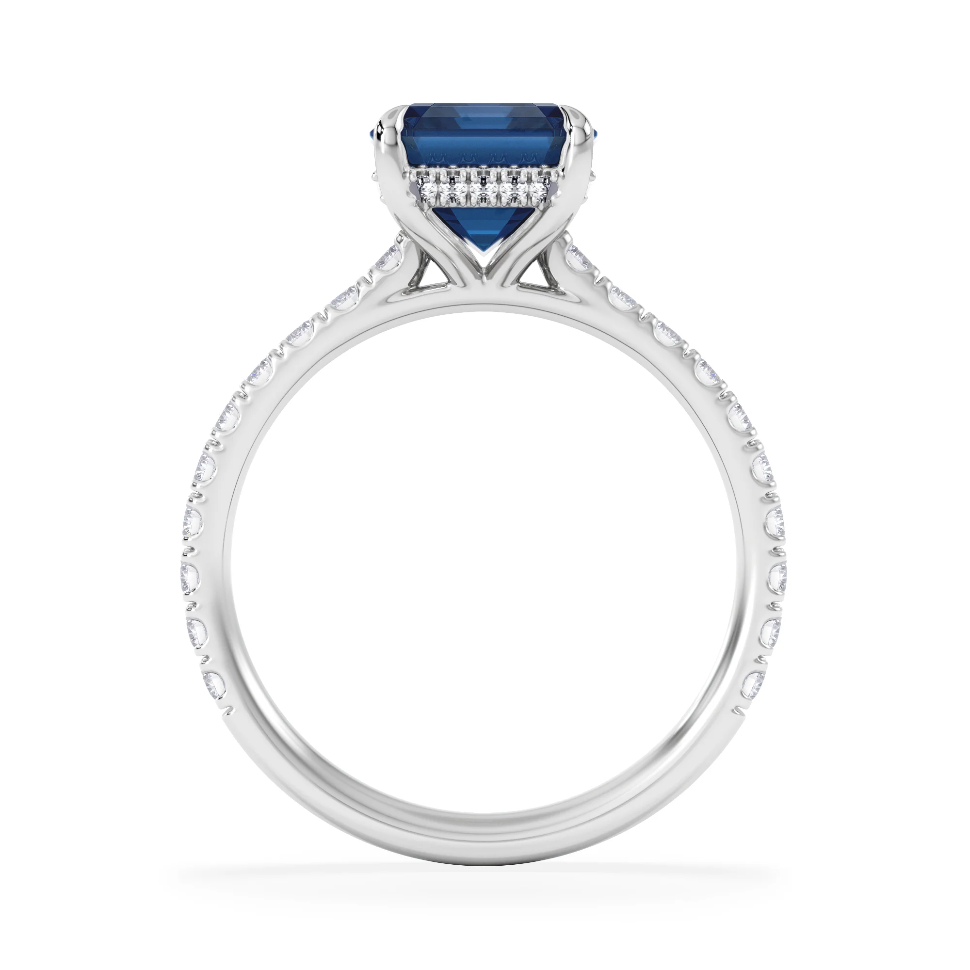 Amora 2.50ct Emerald Cut Lab Sapphire Hidden Halo Engagement Ring with Side Stones in 18K White Gold - Image 3