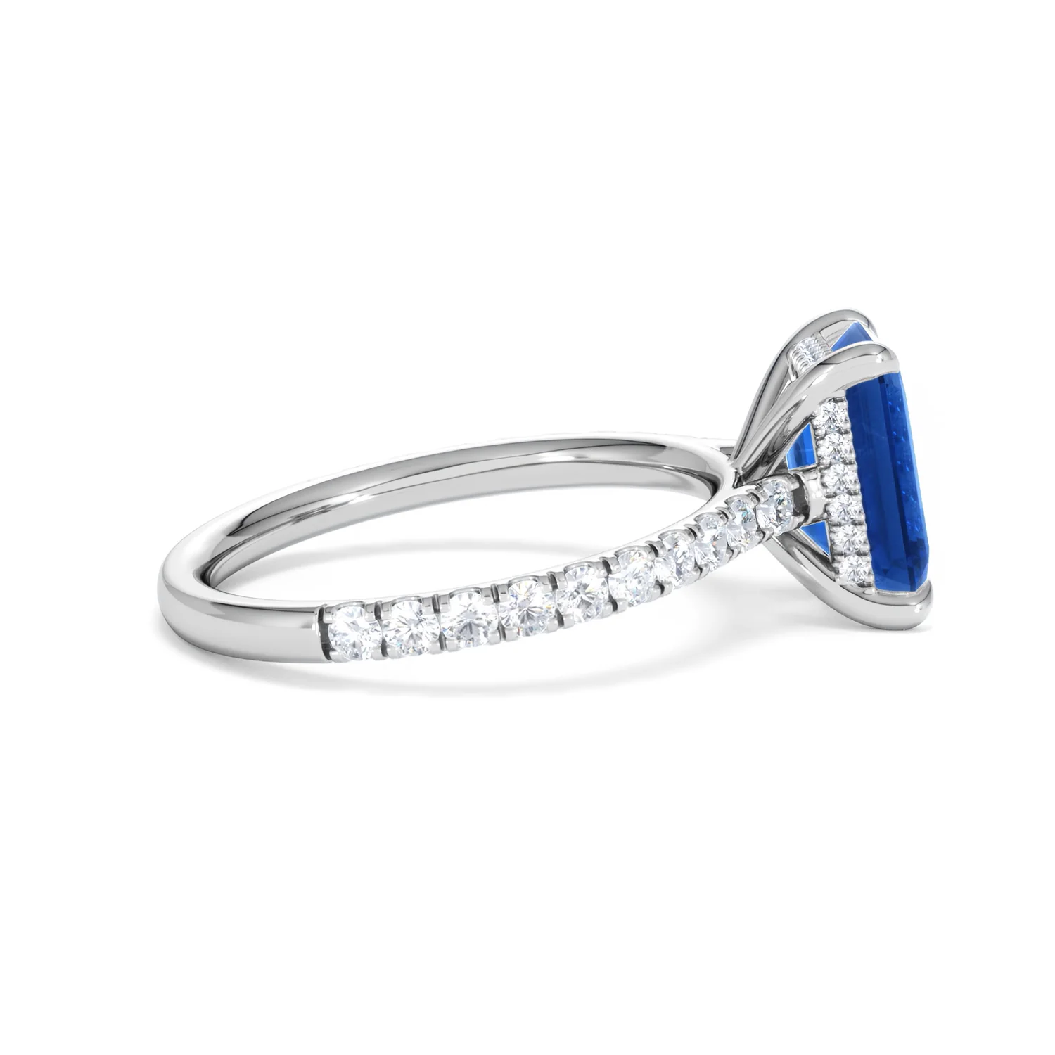 Amora 2.50ct Emerald Cut Lab Sapphire Hidden Halo Engagement Ring with Side Stones in 18K White Gold - Image 30