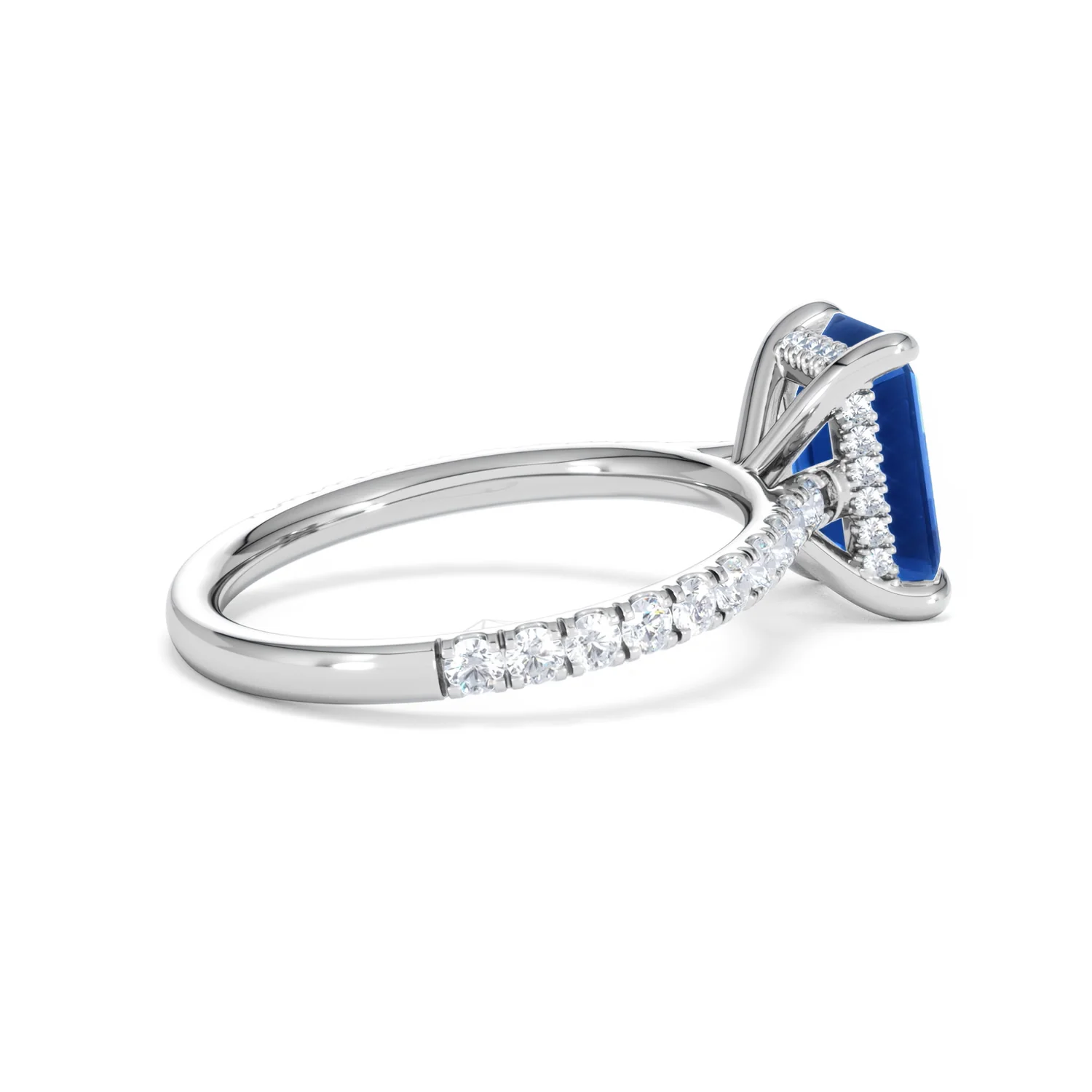 Amora 2.50ct Emerald Cut Lab Sapphire Hidden Halo Engagement Ring with Side Stones in 18K White Gold - Image 34