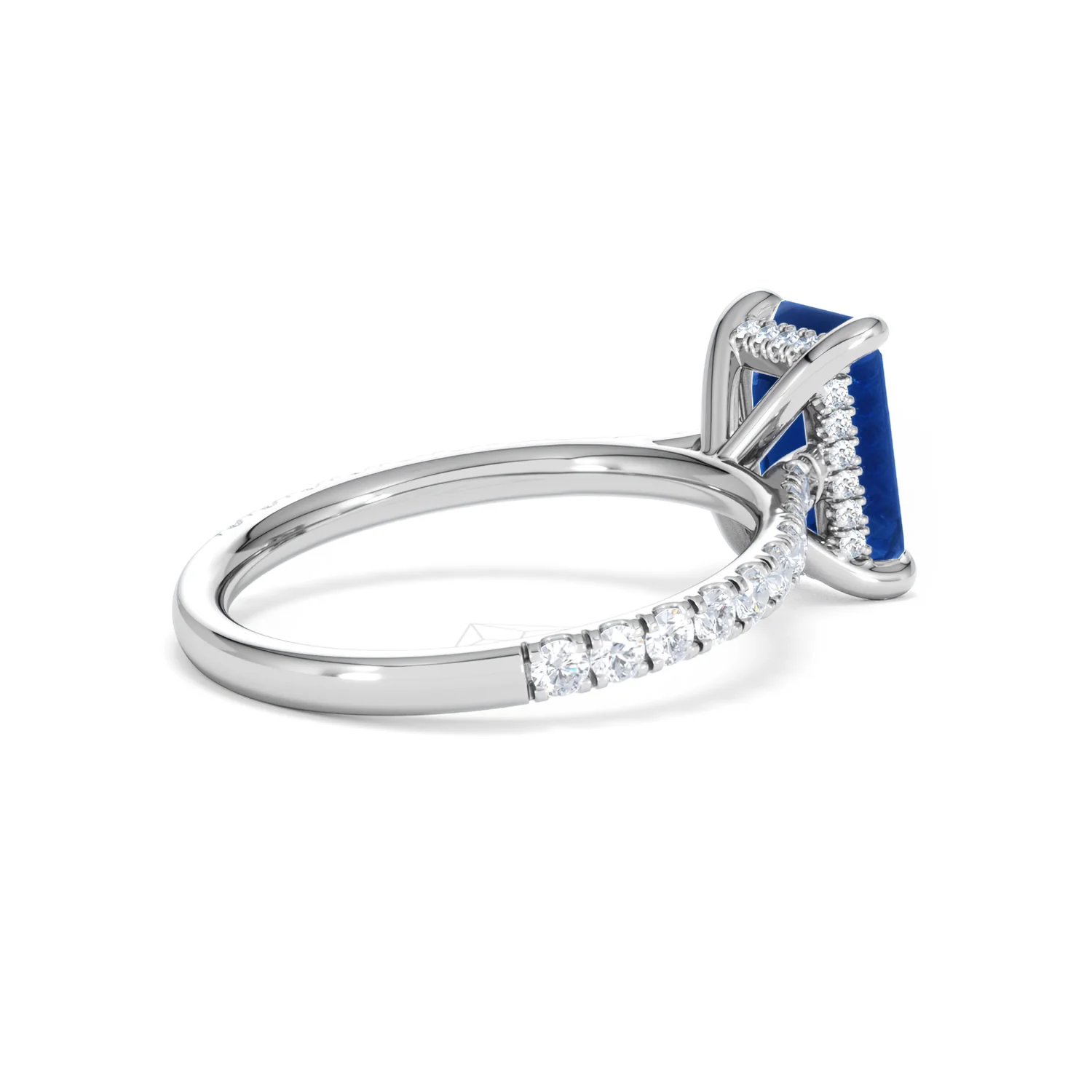 Amora 2.50ct Emerald Cut Lab Sapphire Hidden Halo Engagement Ring with Side Stones in 18K White Gold - Image 37