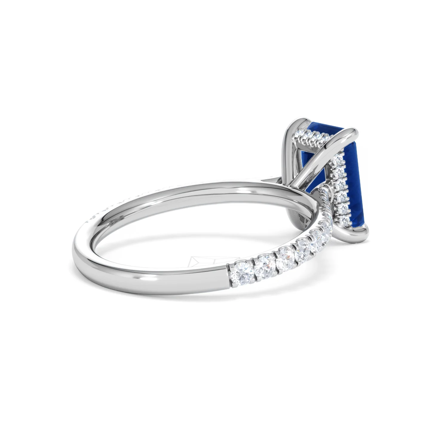 Amora 2.50ct Emerald Cut Lab Sapphire Hidden Halo Engagement Ring with Side Stones in 18K White Gold - Image 38
