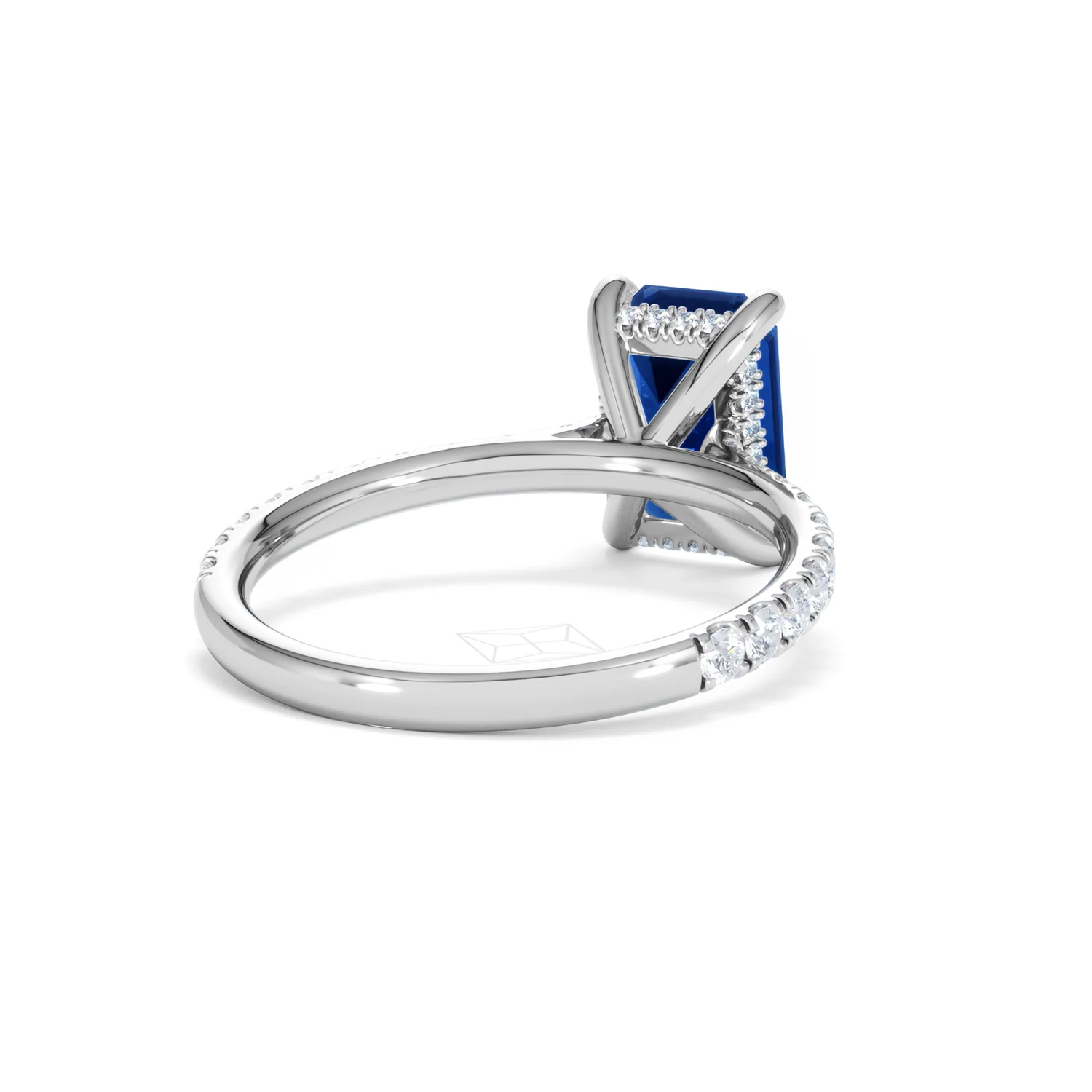 Amora 2.50ct Emerald Cut Lab Sapphire Hidden Halo Engagement Ring with Side Stones in 18K White Gold - Image 43