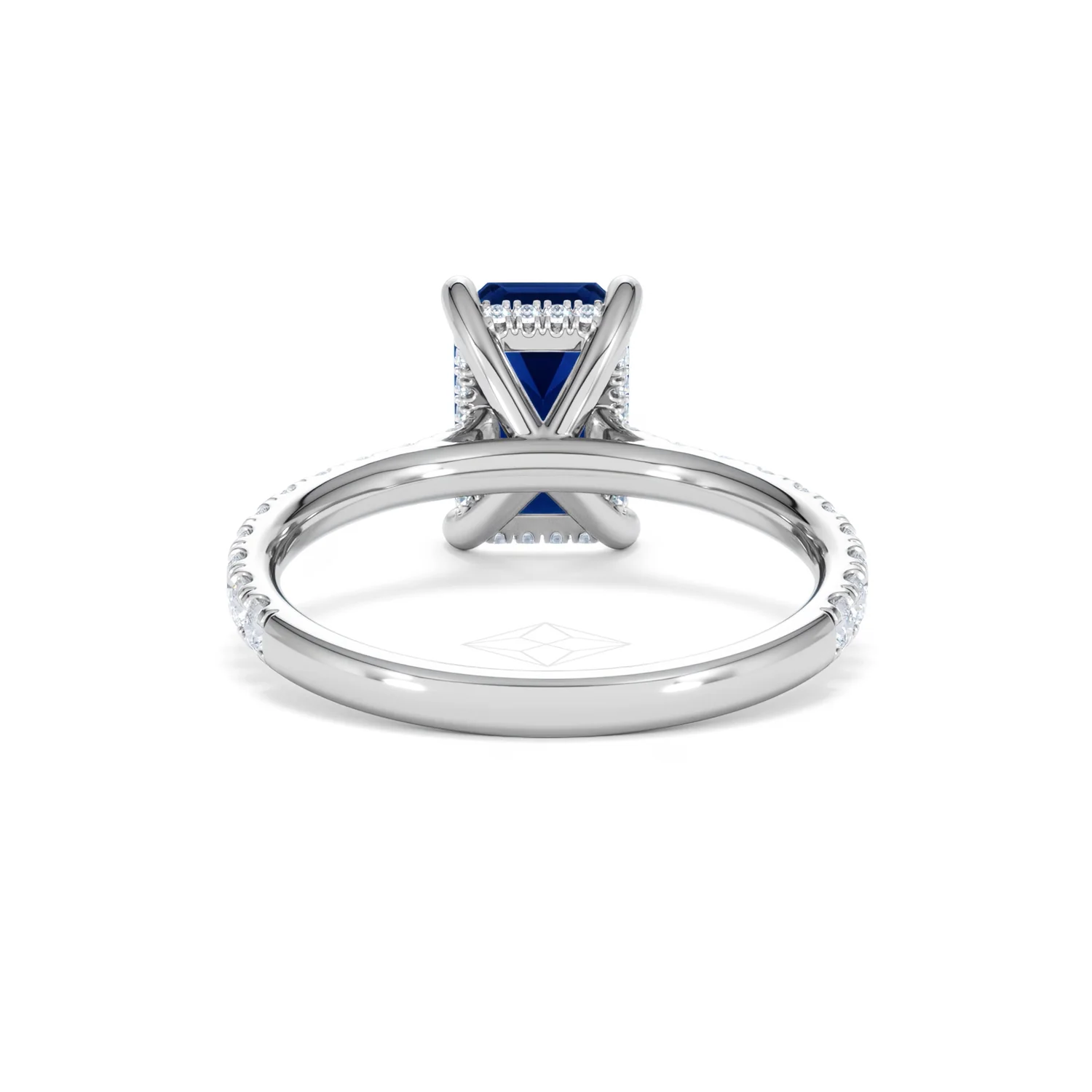Amora 2.50ct Emerald Cut Lab Sapphire Hidden Halo Engagement Ring with Side Stones in 18K White Gold - Image 49
