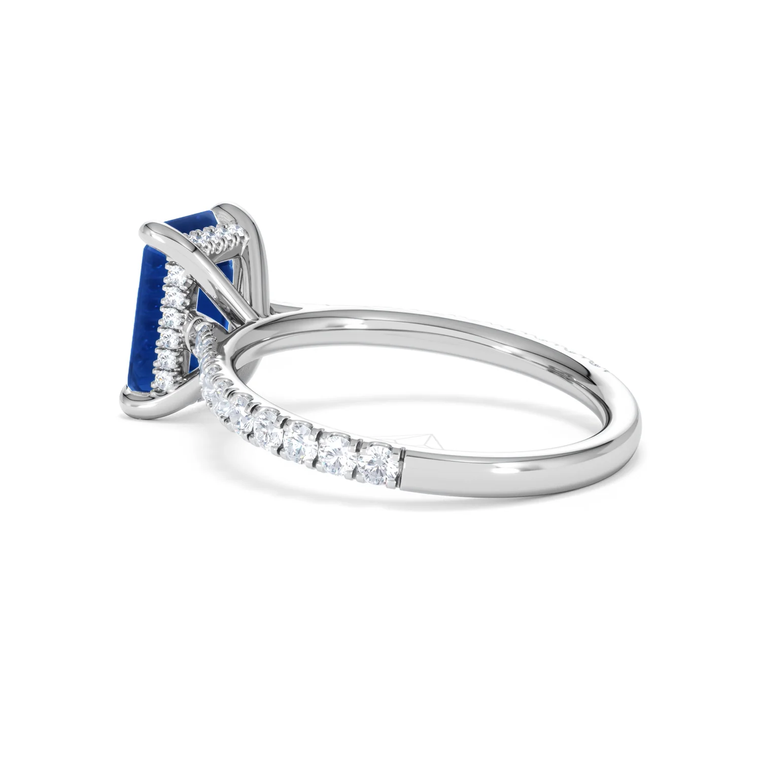 Amora 2.50ct Emerald Cut Lab Sapphire Hidden Halo Engagement Ring with Side Stones in 18K White Gold - Image 61