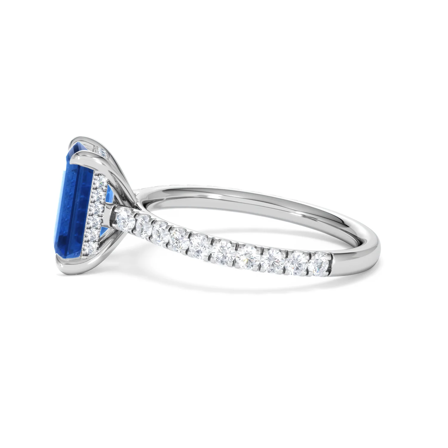 Amora 2.50ct Emerald Cut Lab Sapphire Hidden Halo Engagement Ring with Side Stones in 18K White Gold - Image 70