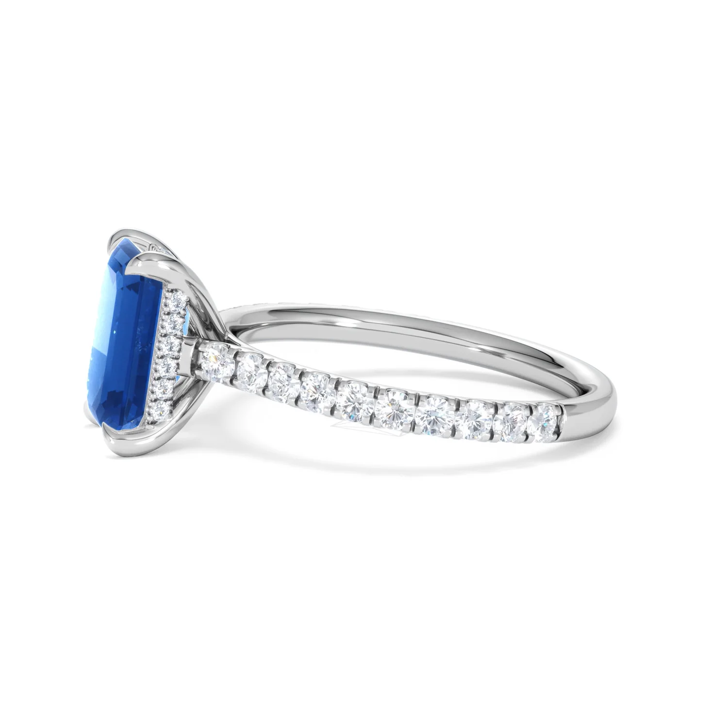 Amora 2.50ct Emerald Cut Lab Sapphire Hidden Halo Engagement Ring with Side Stones in 18K White Gold - Image 72