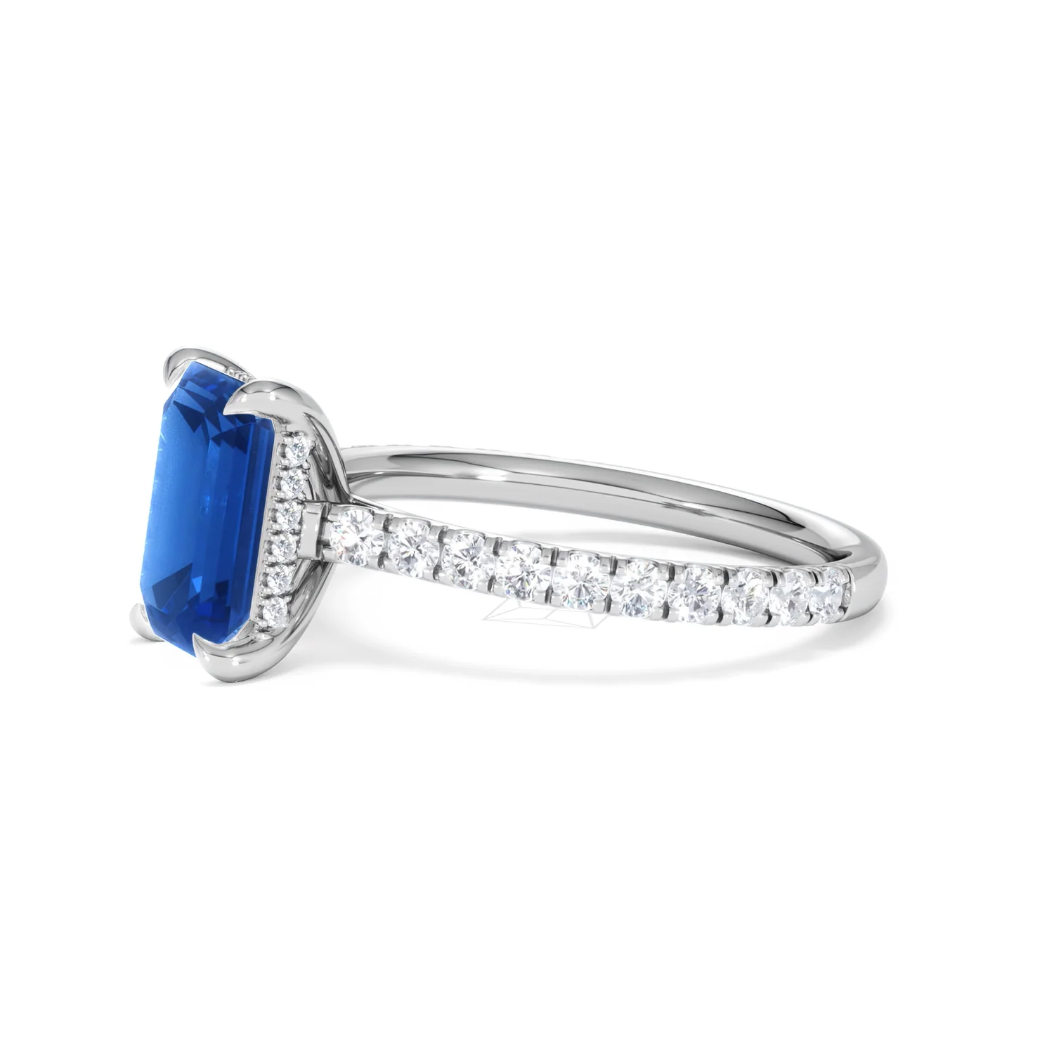 Amora 2.50ct Emerald Cut Lab Sapphire Hidden Halo Engagement Ring with Side Stones in 18K White Gold - Image 75