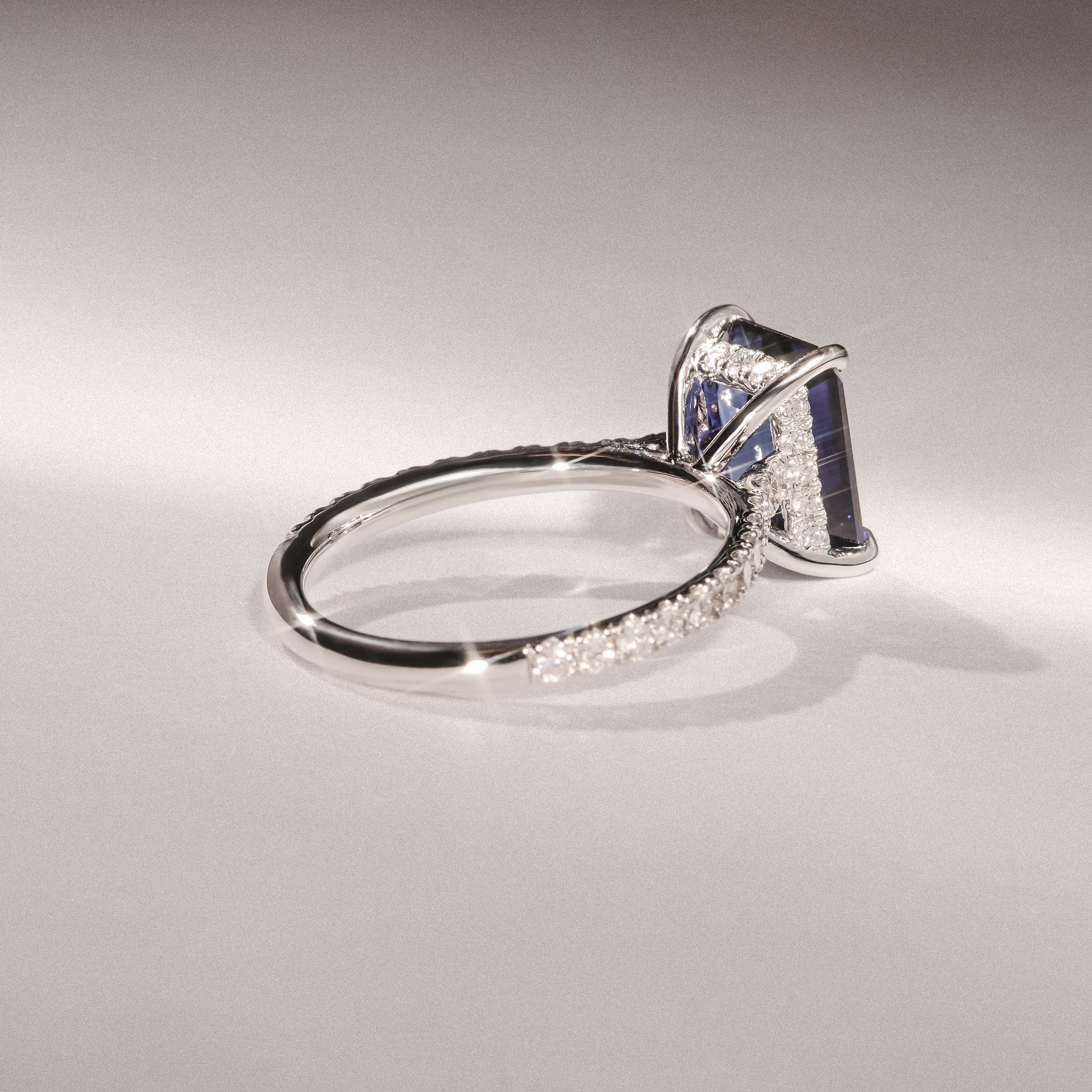 Amora 2.50ct Emerald Cut Lab Sapphire Hidden Halo Engagement Ring with Side Stones in 18K White Gold - Image 8