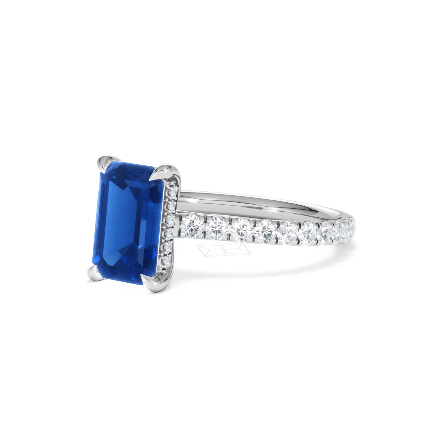 Amora 2.50ct Emerald Cut Lab Sapphire Hidden Halo Engagement Ring with Side Stones in 18K White Gold - Image 81