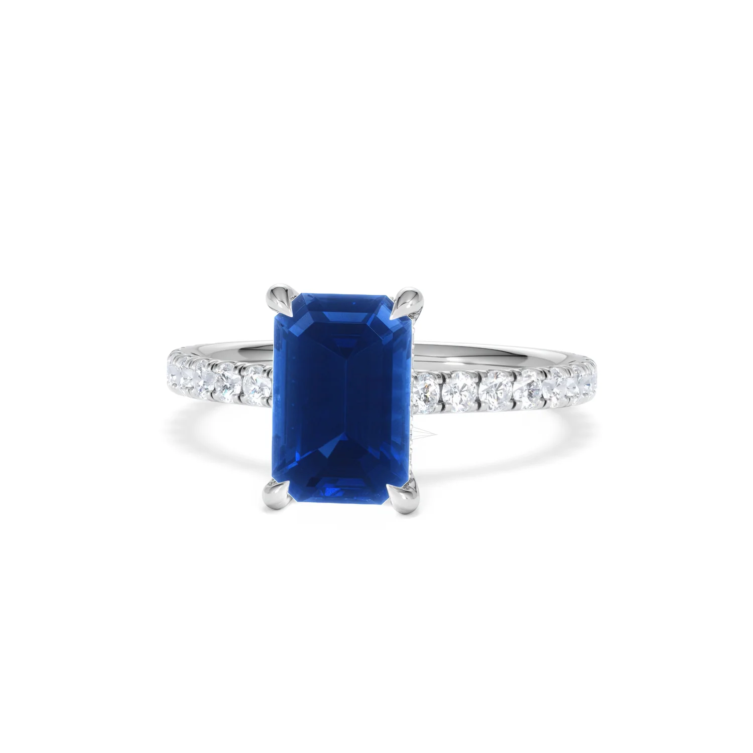Amora 2.50ct Emerald Cut Lab Sapphire Hidden Halo Engagement Ring with Side Stones in 18K White Gold - Image 87
