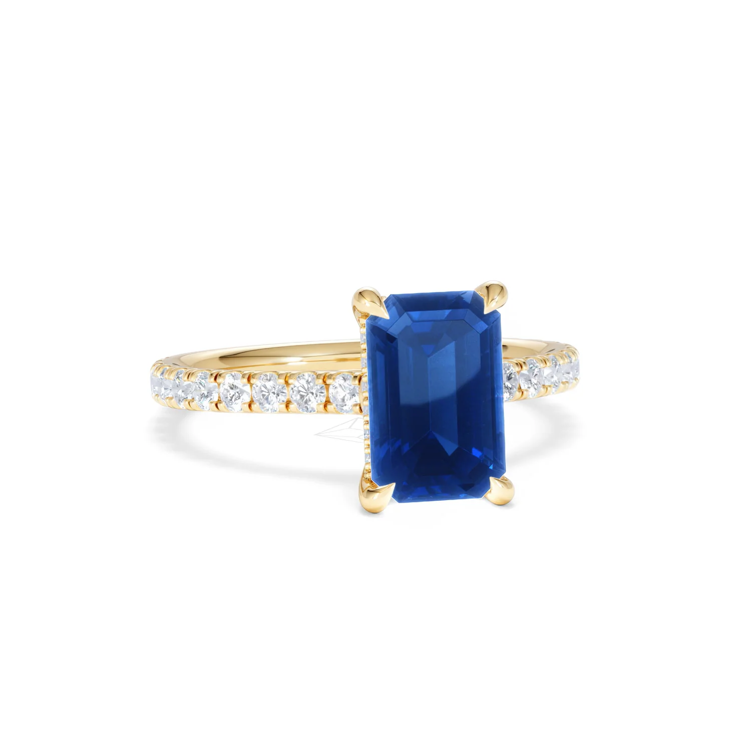 Amora 2.50ct Emerald Cut Lab Sapphire Hidden Halo Engagement Ring with Side Stones in 18K Yellow Gold - Image 12