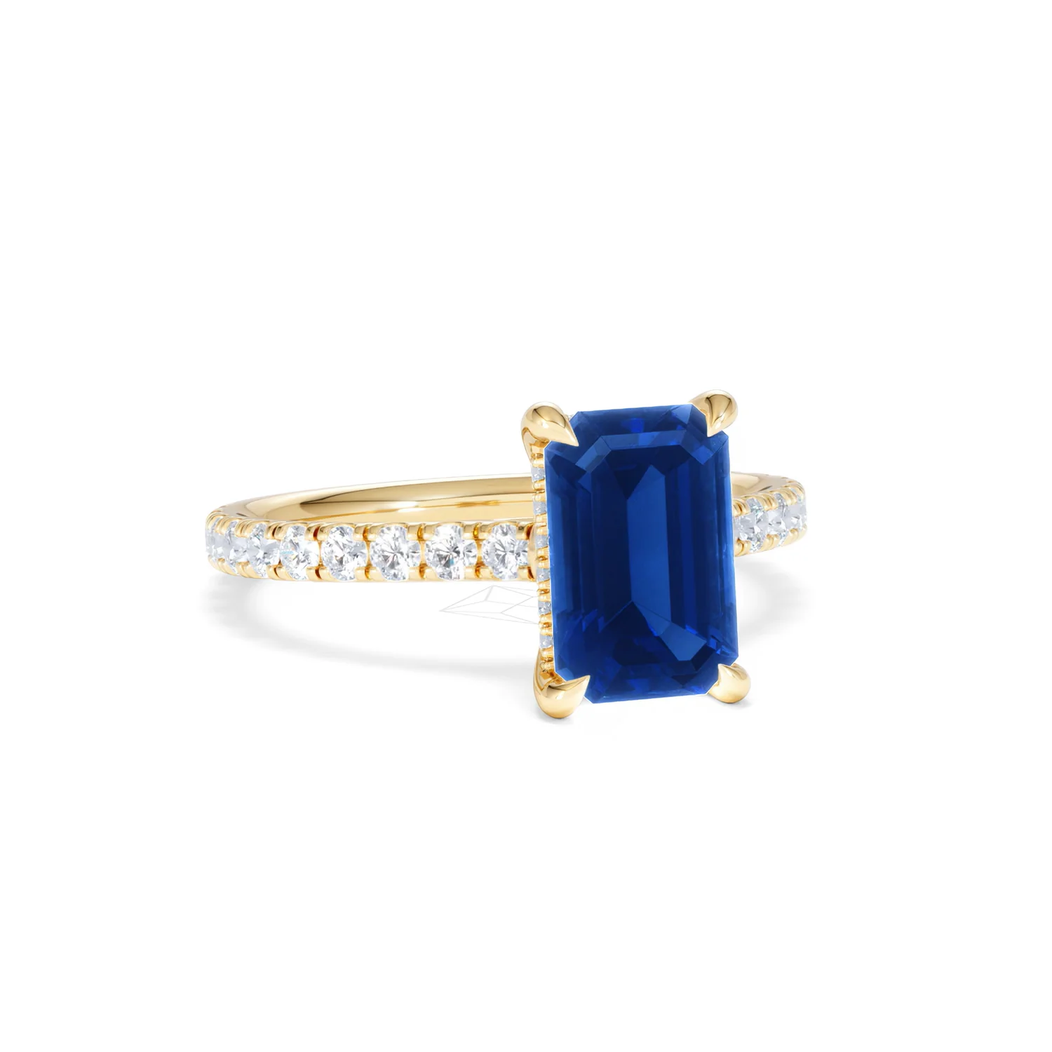 Amora 2.50ct Emerald Cut Lab Sapphire Hidden Halo Engagement Ring with Side Stones in 18K Yellow Gold - Image 13