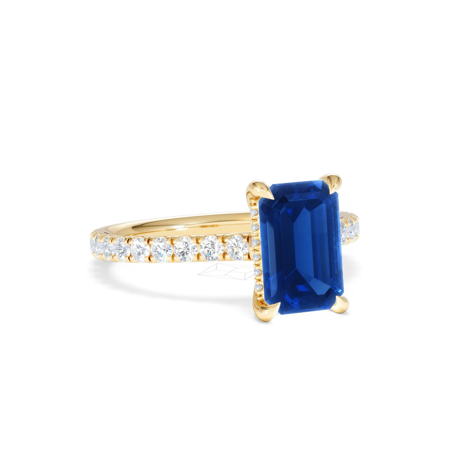 Amora 2.50ct Emerald Cut Lab Sapphire Hidden Halo Engagement Ring with Side Stones in 18K Yellow Gold - Image 14