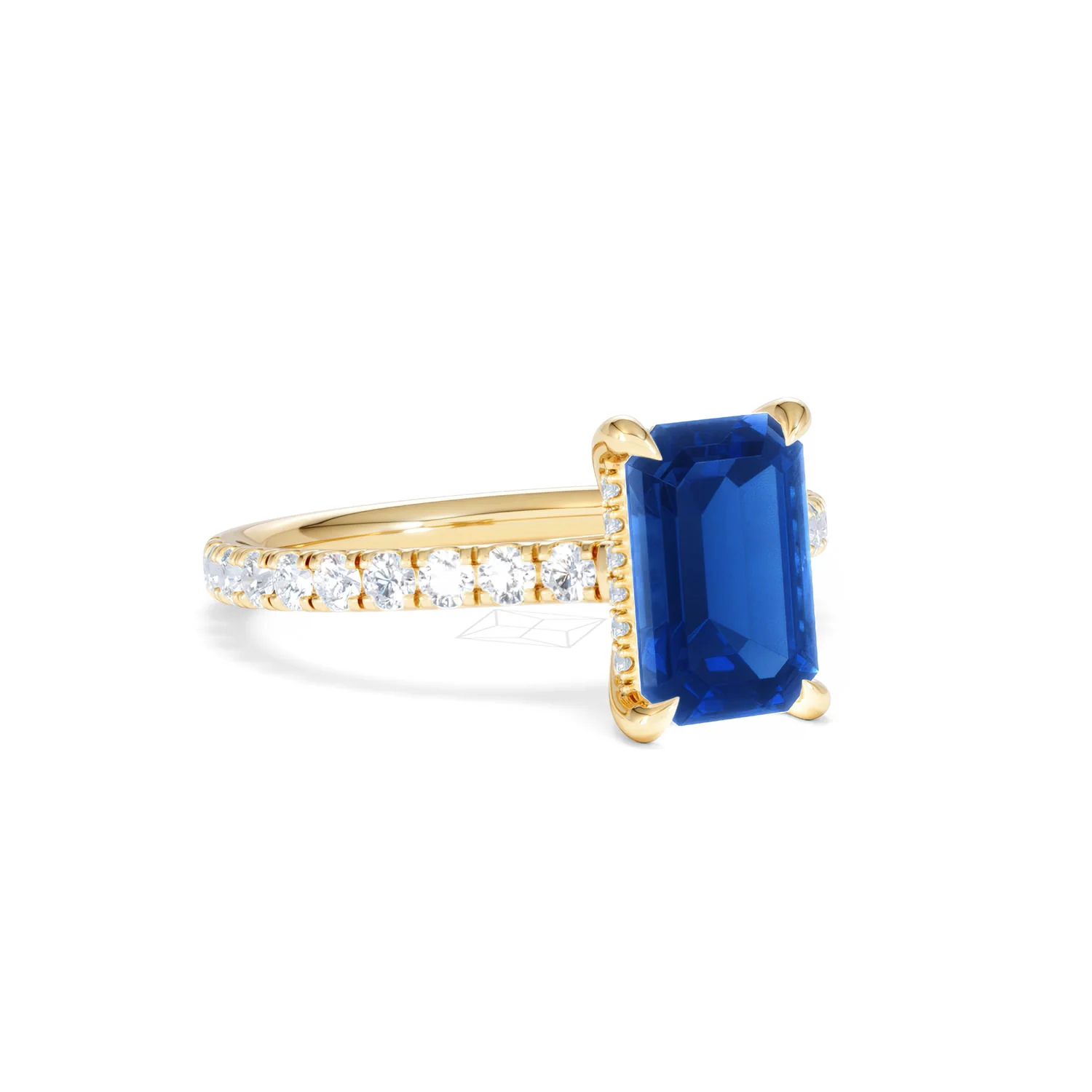 Amora 2.50ct Emerald Cut Lab Sapphire Hidden Halo Engagement Ring with Side Stones in 18K Yellow Gold - Image 15