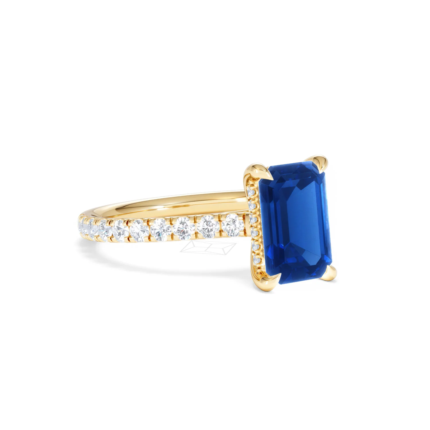 Amora 2.50ct Emerald Cut Lab Sapphire Hidden Halo Engagement Ring with Side Stones in 18K Yellow Gold - Image 16