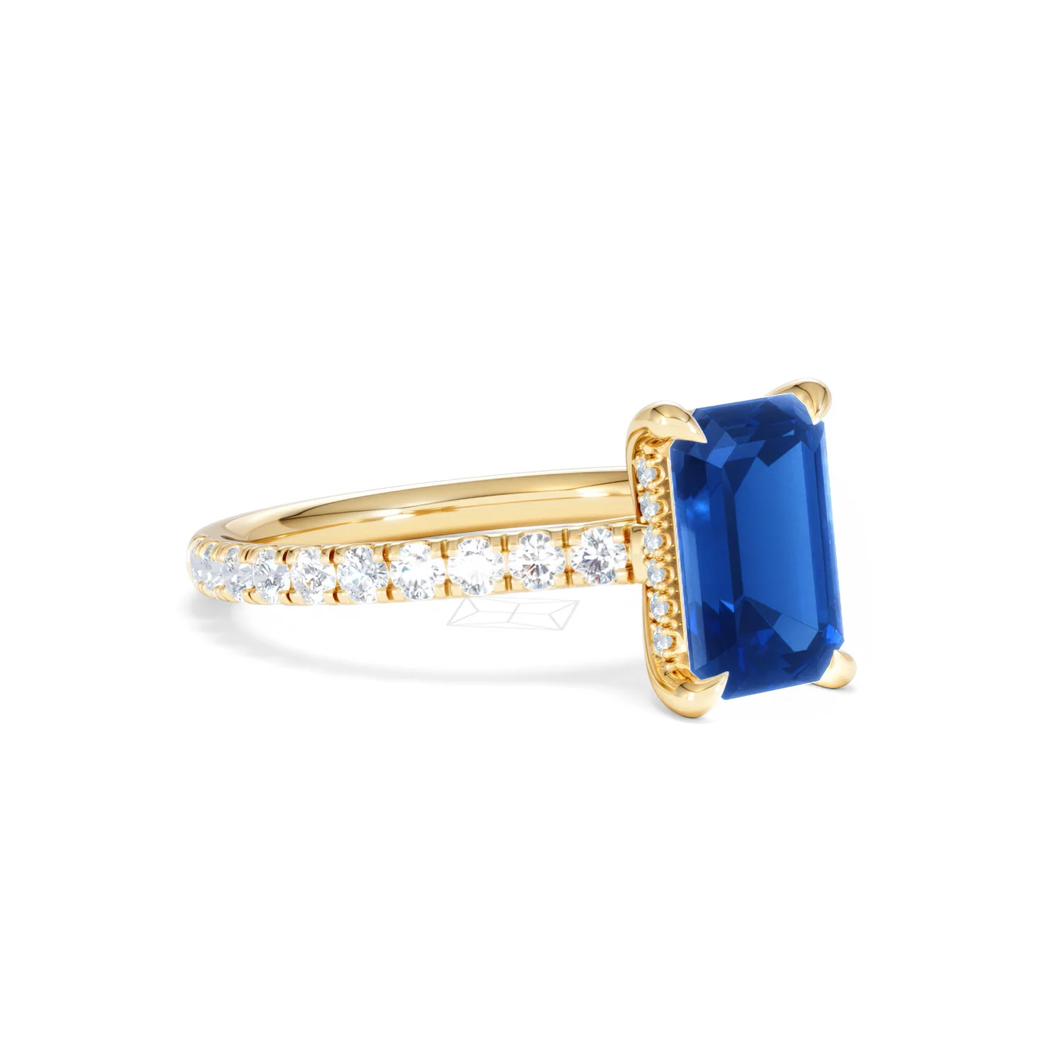 Amora 2.50ct Emerald Cut Lab Sapphire Hidden Halo Engagement Ring with Side Stones in 18K Yellow Gold - Image 17
