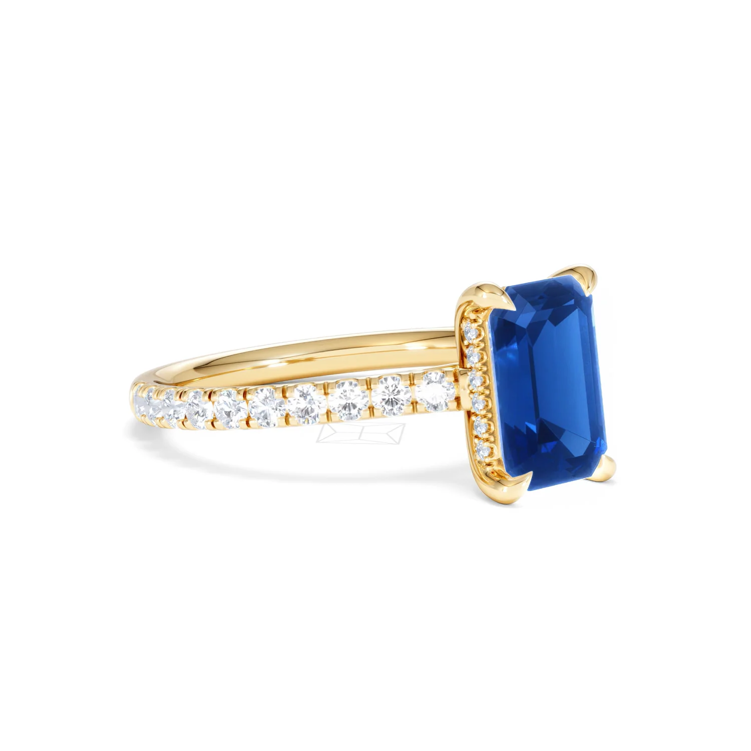 Amora 2.50ct Emerald Cut Lab Sapphire Hidden Halo Engagement Ring with Side Stones in 18K Yellow Gold - Image 18