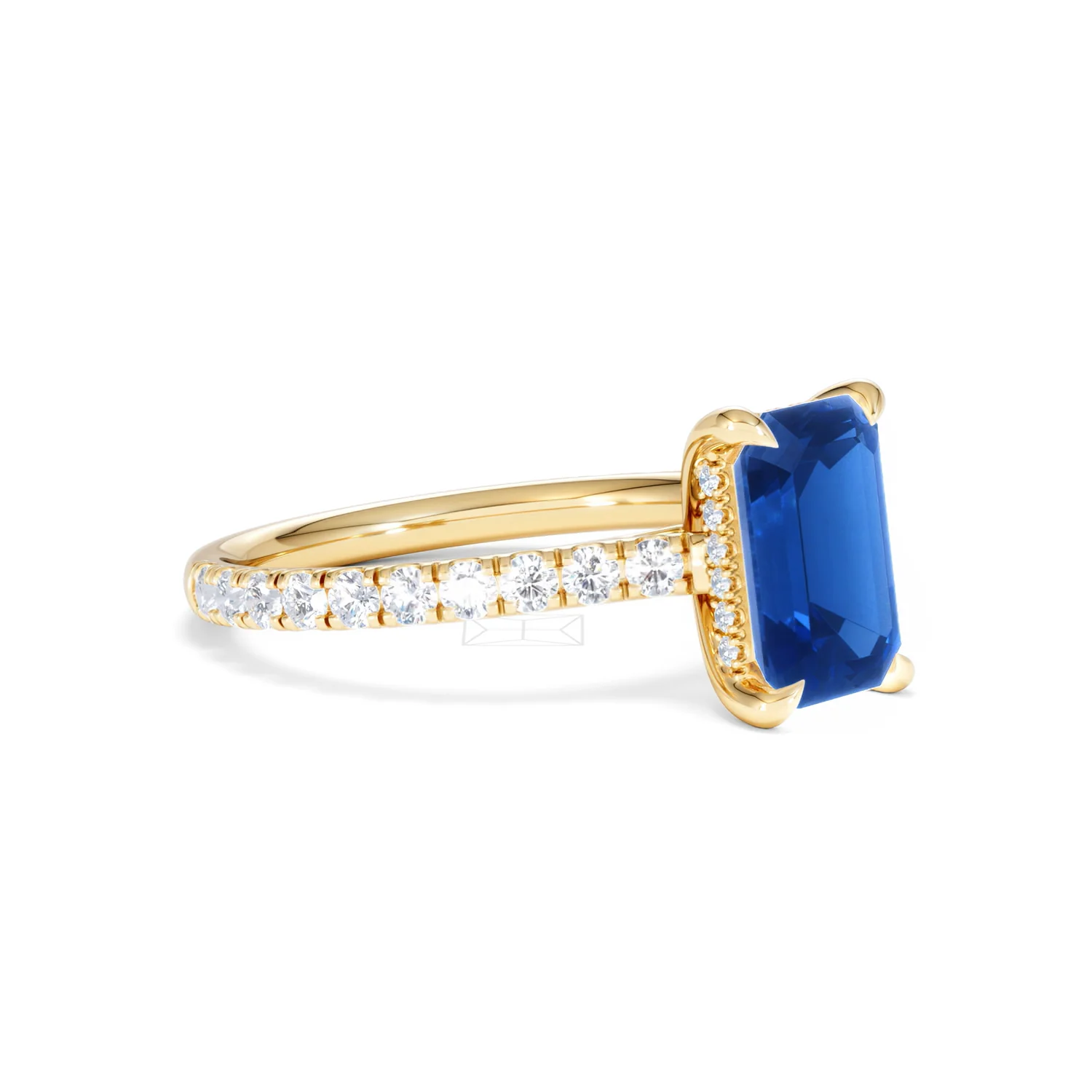 Amora 2.50ct Emerald Cut Lab Sapphire Hidden Halo Engagement Ring with Side Stones in 18K Yellow Gold - Image 19