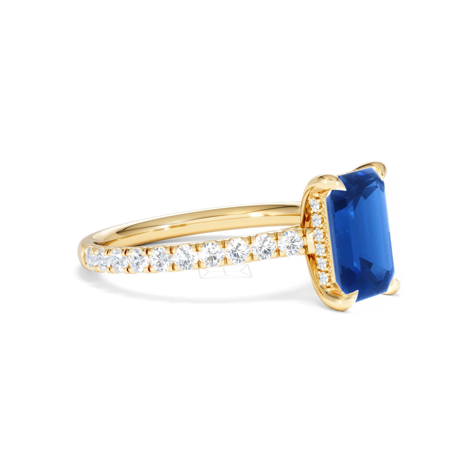 Amora 2.50ct Emerald Cut Lab Sapphire Hidden Halo Engagement Ring with Side Stones in 18K Yellow Gold - Image 20