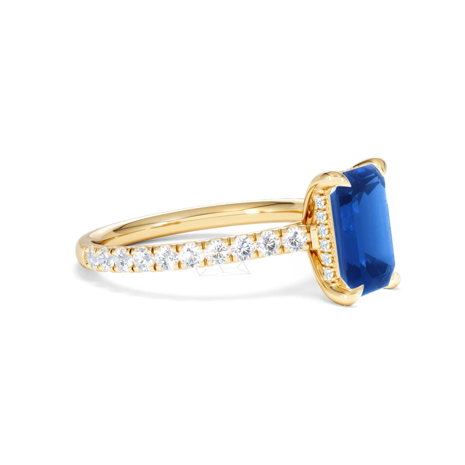 Amora 2.50ct Emerald Cut Lab Sapphire Hidden Halo Engagement Ring with Side Stones in 18K Yellow Gold - Image 21