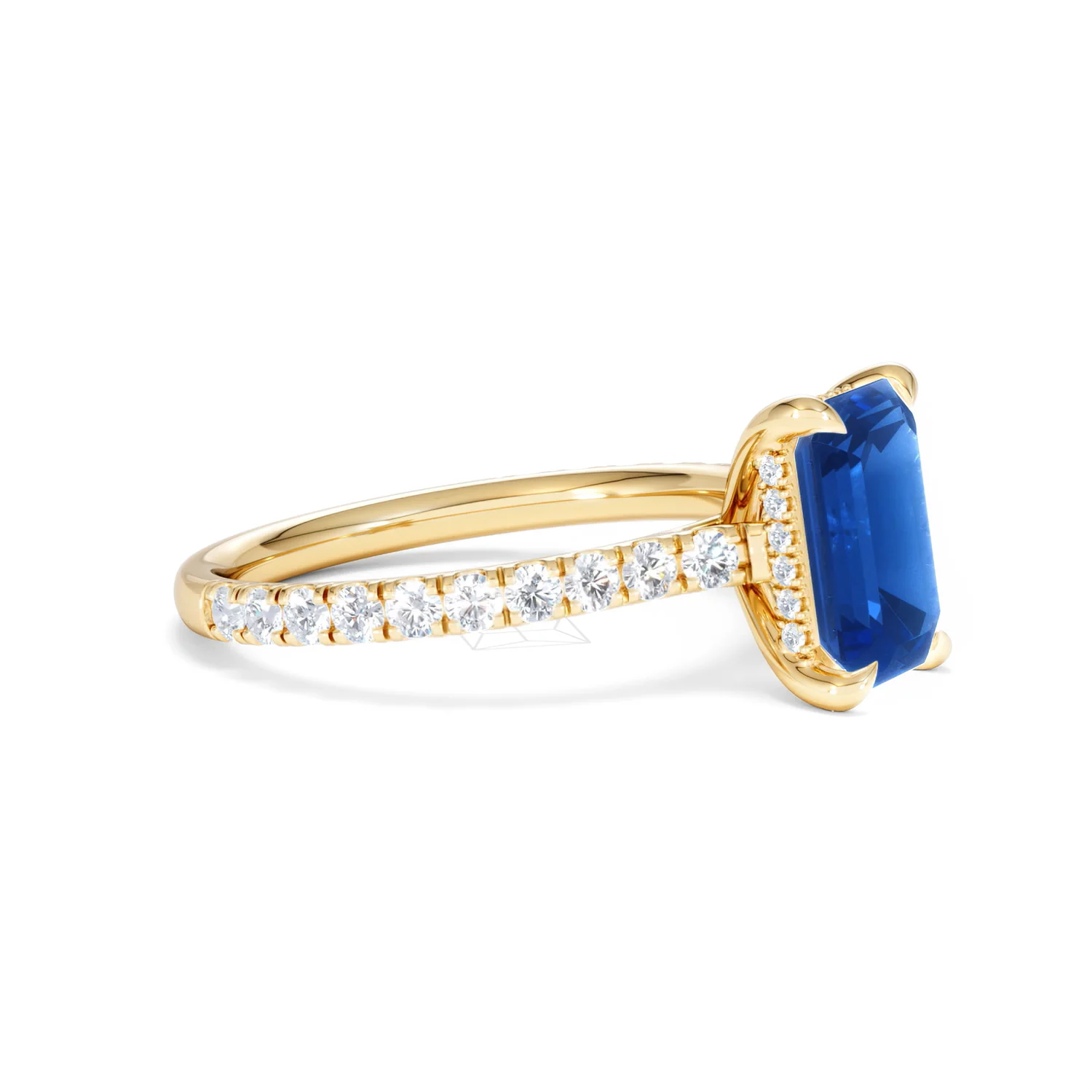 Amora 2.50ct Emerald Cut Lab Sapphire Hidden Halo Engagement Ring with Side Stones in 18K Yellow Gold - Image 22